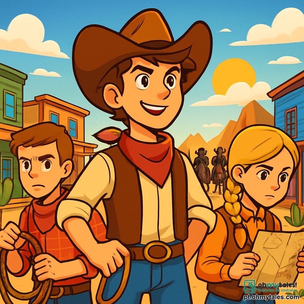 Um jovem cowboy chamado Lucas, um homem de cerca de 20 anos, com um grande chapéu de cowboy, cabelos castanhos bagunçados e um sorriso determinado, está no centro da imagem, pronto para defender sua cidade. Seus olhos brilham com coragem enquanto ele olha para o horizonte. À sua direita, Jake, um garoto de 18 anos, com uma camisa xadrez vermelha e um bandana no pescoço, observa atentamente, segurando uma corda nas mãos, pronto para agir. À sua esquerda, Maria, uma jovem de 17 anos, com cabelos longos e loiros trançados, usa um colete de couro e examina um mapa, concentrada em seu plano de ataque. O cenário é uma pequena cidade do Oeste americano, com edifícios de madeira coloridos, cactos verdes espalhados e um céu azul brilhante com nuvens brancas fofas. Ao longe, majestosas montanhas se erguem sob o sol poente. A cena principal mostra Lucas e seus amigos se preparando para enfrentar uma gangue de bandidos ameaçadores que se aproximam a cavalo, com expressões de determinação em seus rostos, prontos para defender sua cidade com coragem e camaradagem.