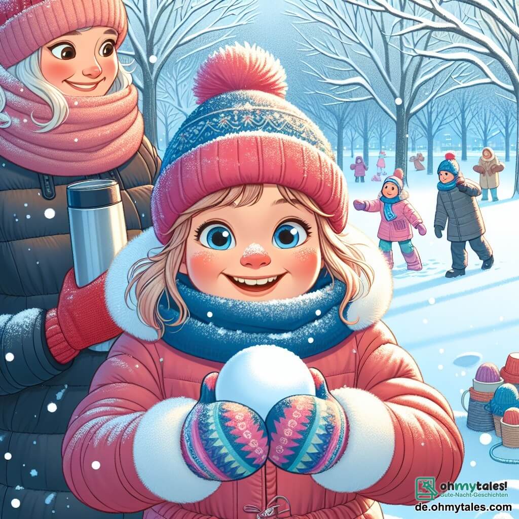 Ein 11-jähriges Mädchen namens Emma steht lächelnd im Mittelpunkt der Szene, mit rosigen Wangen vom Frost. Sie trägt eine dicke rosa Jacke, eine blaue Wollmütze und bunte Handschuhe, während sie sich darauf vorbereitet, einen Schneeball zu werfen. Ihre Augen strahlen vor Aufregung und Freude. Neben ihr steht ihre Mutter, eine etwa 35-jährige Frau, gekleidet in einen langen schwarzen Daunenmantel und einen roten Schal. Sie lächelt liebevoll, während sie ihre Tochter ansieht und einen Thermosbecher mit heißer Schokolade in einer Hand hält. Die Kulisse ist ein winterlicher Park mit majestätischen, schneebedeckten Bäumen und sanft fallenden Schneeflocken vor einem hellblauen Himmel. In der Ferne spielen Kinder und Familien spazieren, was eine festliche und fröhliche Atmosphäre schafft. Die Hauptsituation zeigt Emma beim Spielen im Schnee, bereit, einen Schneeball zu werfen, während ihre Mutter sie mit einem warmen Lächeln ermutigt und den fröhlichen Geist eines Wintertages mit der Familie einfängt.