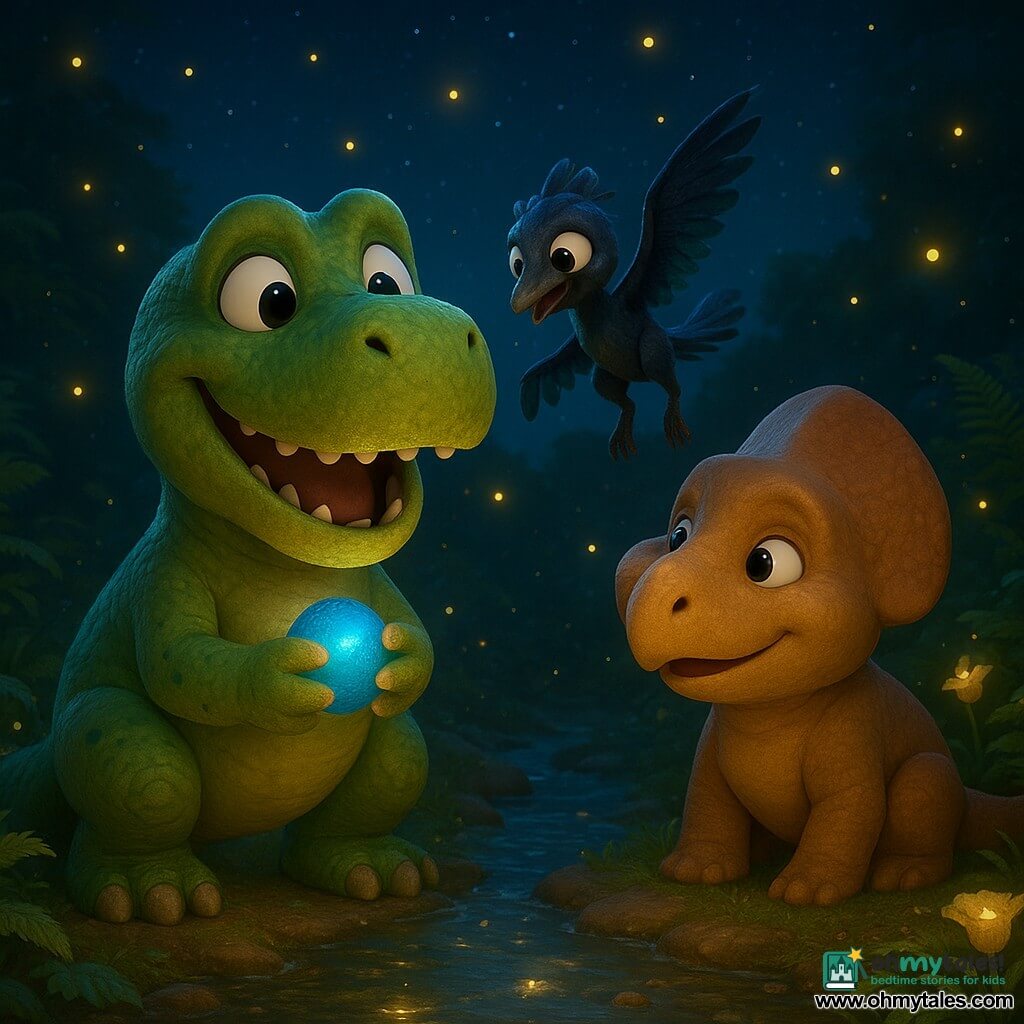 A young Tyrannosaurus Rex named Tavi, with green scales speckled with freckles, shows an expression of joy and relief. He holds a small shiny blue pebble in his paw, clutching it to his chest. Next to him, Flicker the Microraptor, with black and blue-green feathers, floats in the air, his eyes sparkling with mischief. Nub the Protoceratops, with his round face and single small horn, stands next to Tavi, a benevolent smile on his face. They are all three by a shimmering stream, surrounded by lush ferns and bright moon flowers. The scene unfolds under a starry sky, where fireflies dance around them, illuminating the night with a soft golden glow.
