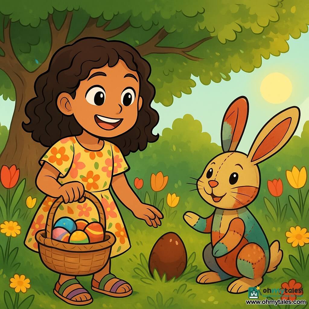 A 10-year-old girl named Maya, with curly brown hair and sparkling curious eyes, stands in the center of the image, a big smile lighting up her face. She wears a floral spring dress and colorful sandals, holding a wicker basket filled with brightly painted eggs. Beside her, a small rabbit in a patchwork costume, with big ears and mischievous eyes, looks at Maya enthusiastically, ready to join her adventure. The setting is a lush garden filled with colorful tulips and dandelions, with a large oak tree and dense foliage in the background. Sunlight filters through the branches, creating dancing shadows on the ground. Maya and the rabbit are in front of an old oak tree, discovering a chocolate egg hidden in the roots, surrounded by vibrant flowers and the sweet scent of spring.