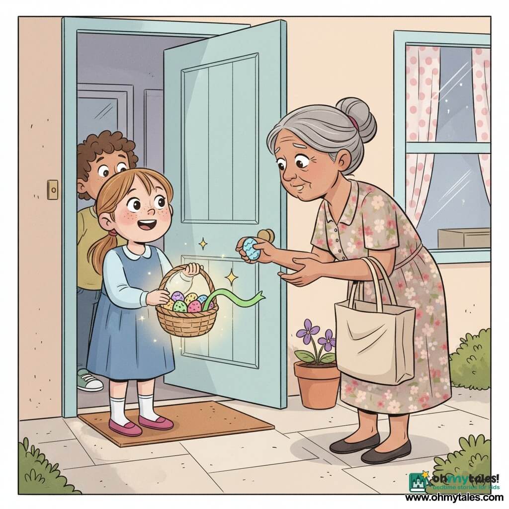 A 10-year-old girl, Mia, with a round freckled face, light brown hair in a ponytail and sparkling eyes, holds a small wicker basket of foil-wrapped chocolate eggs (pink, blue, yellow) that glows faintly with a bright green ribbon; a ~60-year-old woman, Mrs. Patel, with tanned skin and grey hair in a bun, wearing a floral dress, leans forward with hands out to receive an egg, surprised and touched; a curious 7-year-old boy, Leo, with curly hair stands on the doormat holding the door ajar; setting: suburban front steps on a spring morning—pale stone tiles, terracotta pot with a violet just opening, pale blue wooden door, polka-dot curtains, soft pastel light; moment: Mia offers a chocolate, a golden spark and gentle glow emanate from the basket as the violet blooms, creating a warm, tender atmosphere of shared kindness.