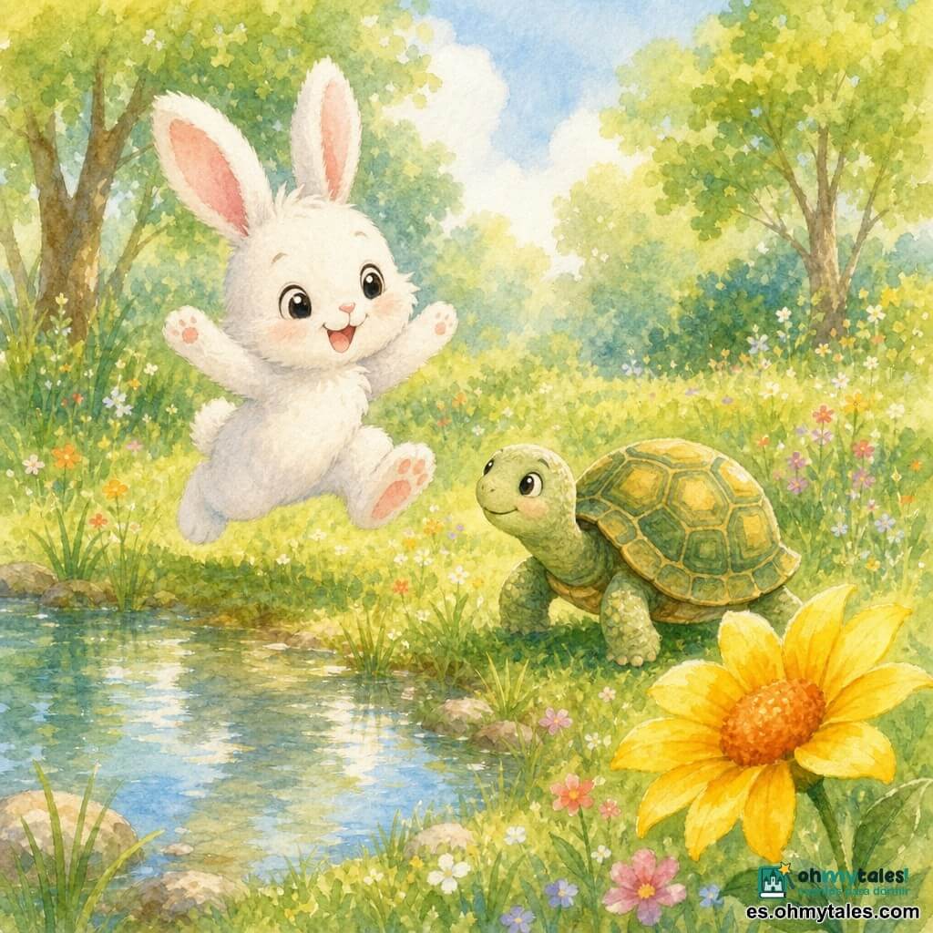 Un pequeño conejo blanco y esponjoso (protagonista), ojos grandes y brillantes, sonrisa alegre, orejas largas rosadas, salta y corre feliz sobre la hierba verde; una tortuga lenta y redondeada (secundaria) con caparazón verde y motivos amarillos, rostro sereno, camina junto a un pequeño estanque mirando al conejo; una flor solitaria de pétalos amarillos y centro naranja en primer plano a la derecha inclinada al sol; claro en verano con hierba texturada, flores dispersas, estanque que refleja el cielo y árboles al fondo; escena de amistad veraniega, ambiente luminoso, colores suaves y cálidos, estilo acuarela infantil, composición simple y legible.