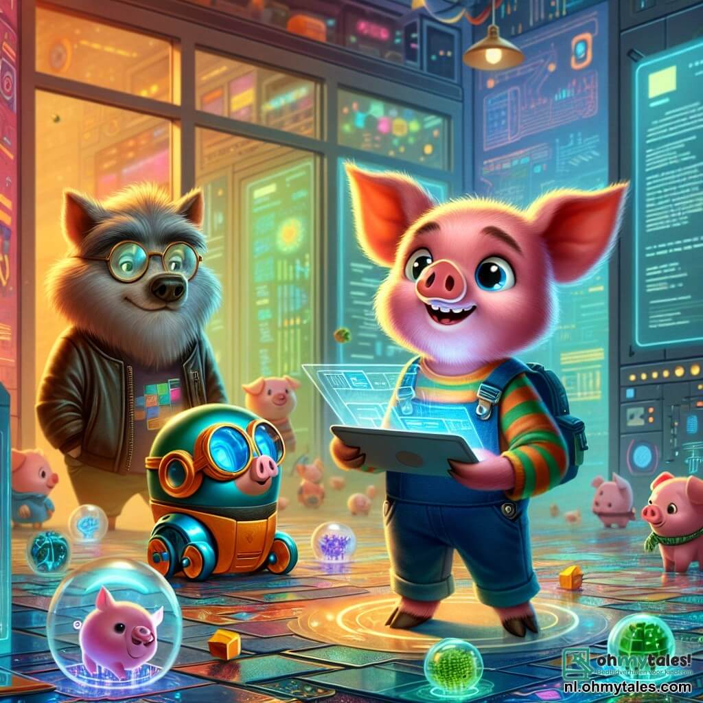 In een kleurrijke hoek van TechnoVille staat Pippin, een van de Drie Kleine Varkens, in het midden met een stralende glimlach op zijn gezicht. Hij is een klein roze varken met sprankelende ogen en ronde oren, gekleed in een blauwe overall en een gestreept t-shirt. Hij gebruikt een tablet om de plannen voor hun futuristische huis te tekenen, omringd door glinsterende technologische gadgets. Naast hem is Pompom, een ander klein varken, bezig met het programmeren van een robot die de vloer schoonmaakt. Hij kijkt geconcentreerd, met ronde bril op zijn neus en rommelig bruin haar. Pompom draagt een groene t-shirt en een oranje broek, en staat iets op de achtergrond, kijkend naar de resultaten van zijn werk. Op de achtergrond kijkt Wolfie, de grote boze wolf, nieuwsgierig toe, met een gezicht dat aarzeling uitdrukt. Hij heeft een grijze vacht en gele ogen, en draagt een leren jas. Hij staat op een afstand, geïntrigeerd door het werk van de varkens, terwijl er een lichte glimlach op zijn lippen verschijnt. De setting is een futuristische tuin, vol groene planten en kleurrijke bloemen, met huizen in geometrische vormen en glinsterende zonnepanelen onder de zon. Hologrammen van tekeningen zweven in de lucht, wat een magische toets aan de omgeving toevoegt. De hoofdscene toont Pippin en Pompom die samen aan hun ecologische huisproject werken, terwijl Wolfie, aanvankelijk wantrouwend, begint geïnteresseerd te raken in hun creativiteit en vriendschap, wat het begin van een nieuwe samenwerking symboliseert.