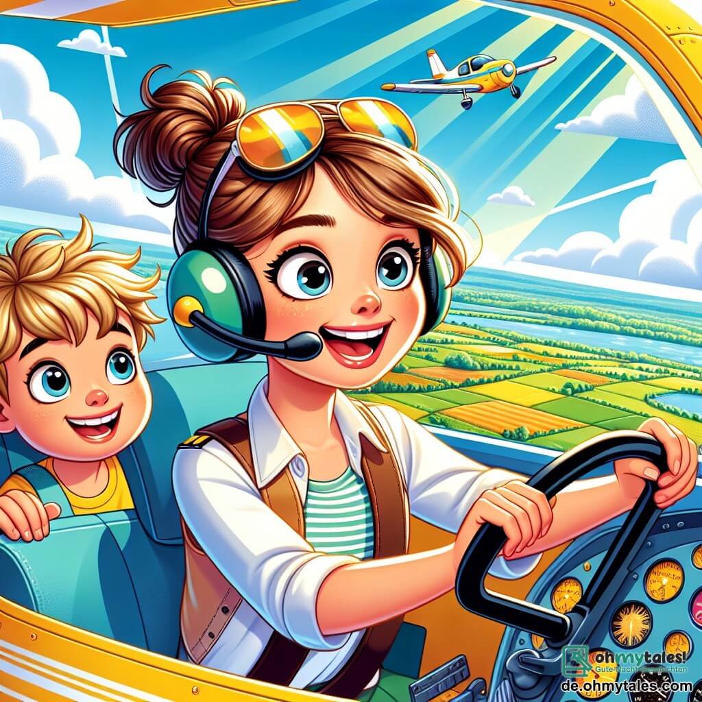 Eine begeisterte Pilotin, Anna, sitzt im Cockpit ihres leuchtend gelben Flugzeugs, mit braunen Haaren, die zu einem Dutt gebunden sind, und Sonnenbrille auf der Nase. Sie lächelt breit, ihre Augen strahlen vor Aufregung, während sie das Steuer festhält, bereit zum Abheben. Neben ihr sitzt ein etwa 8-jähriger Junge namens Max, mit großen leuchtenden Augen und zerzausten blonden Haaren. Er sitzt auf dem Beifahrersitz, die Hände auf dem Armaturenbrett, und schaut fasziniert auf die Landschaft darunter. Der Himmel ist strahlend blau, mit flauschigen weißen Wolken, und bietet eine Panoramaansicht auf grüne Felder und glitzernde Seen. Die Hauptsituation zeigt Anna und Max beim Start, das Flugzeug erhebt sich majestätisch in die Lüfte und symbolisiert Abenteuer und Freiheit, während Sonnenstrahlen ihren Weg erleuchten.