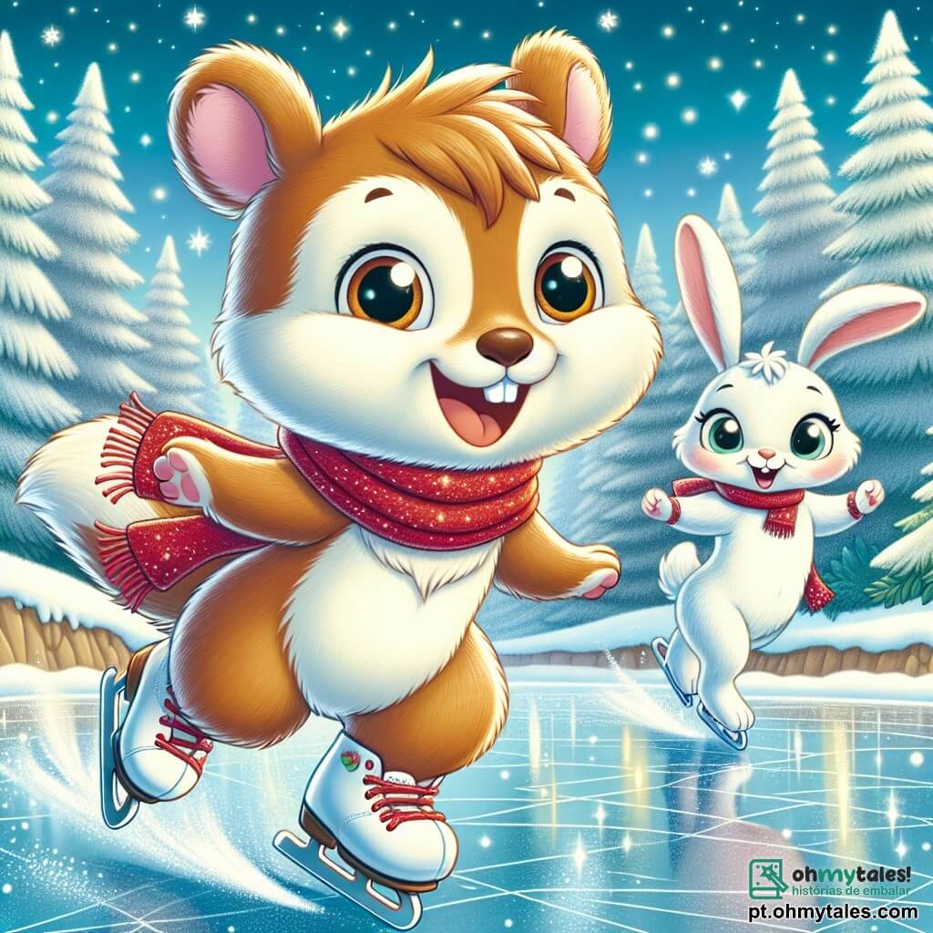 Tico, um pequeno esquilo de pelos castanho claro e olhos brilhantes de alegria, patina em um lago congelado, um grande sorriso iluminando seu rosto. Ele usa um adorável cachecol vermelho que flutua levemente atrás dele enquanto desliza com entusiasmo. Perto dali, Lili, uma lebre de grandes orelhas e pelagem branca brilhante, salta de alegria sobre o gelo, seus olhos brilhando de excitação, incentivando Tico com gestos entusiasmados. O cenário é uma floresta encantada, onde árvores majestosas estão cobertas com um espesso manto de neve cintilante, e flocos caem suavemente do céu azul claro. A cena mostra Tico descobrindo o prazer de patinar pela primeira vez, cercado de risos e alegria, enquanto seus amigos o encorajam a se divertir no gelo.