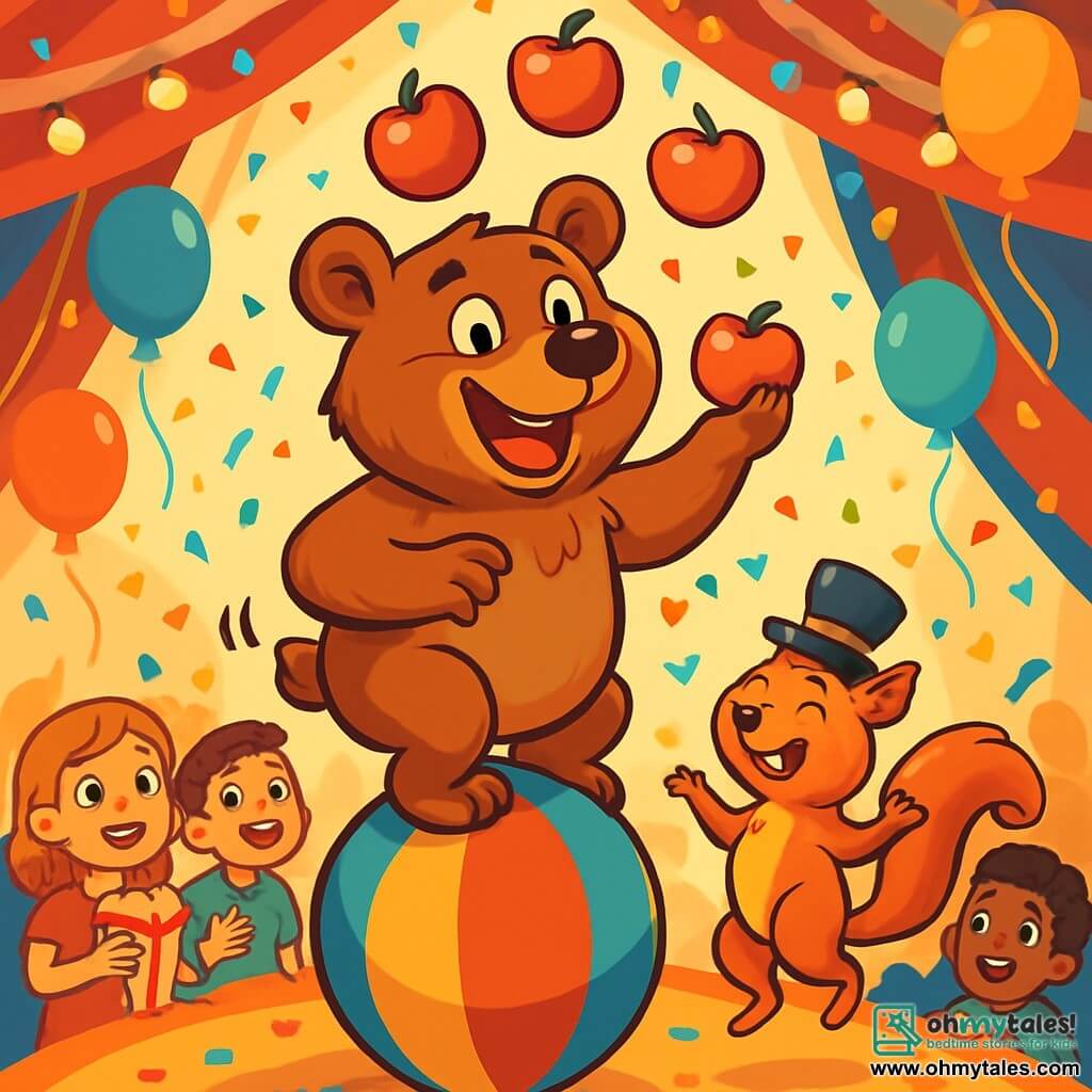 Benny, a brown bear with sparkling eyes and a wide smile, is perched on a huge colorful rubber ball, joyfully juggling shiny red apples. His fur is soft and silky, and he appears both excited and a bit nervous, with his ears perked up and his tail wagging. Next to him, Jasper, a playful squirrel with reddish fur and mischievous eyes, wears a top hat that's too big for him. He is dancing on his hind legs, laughing and encouraging Benny with a joyful expression. The scene takes place under a large striped circus tent, surrounded by twinkling lights and floating balloons. Amazed spectators, including children with illuminated faces, watch with wide eyes, some holding bags of popcorn. Benny balances on the ball, juggling apples as colorful confetti falls from the sky, creating a festive and magical atmosphere.