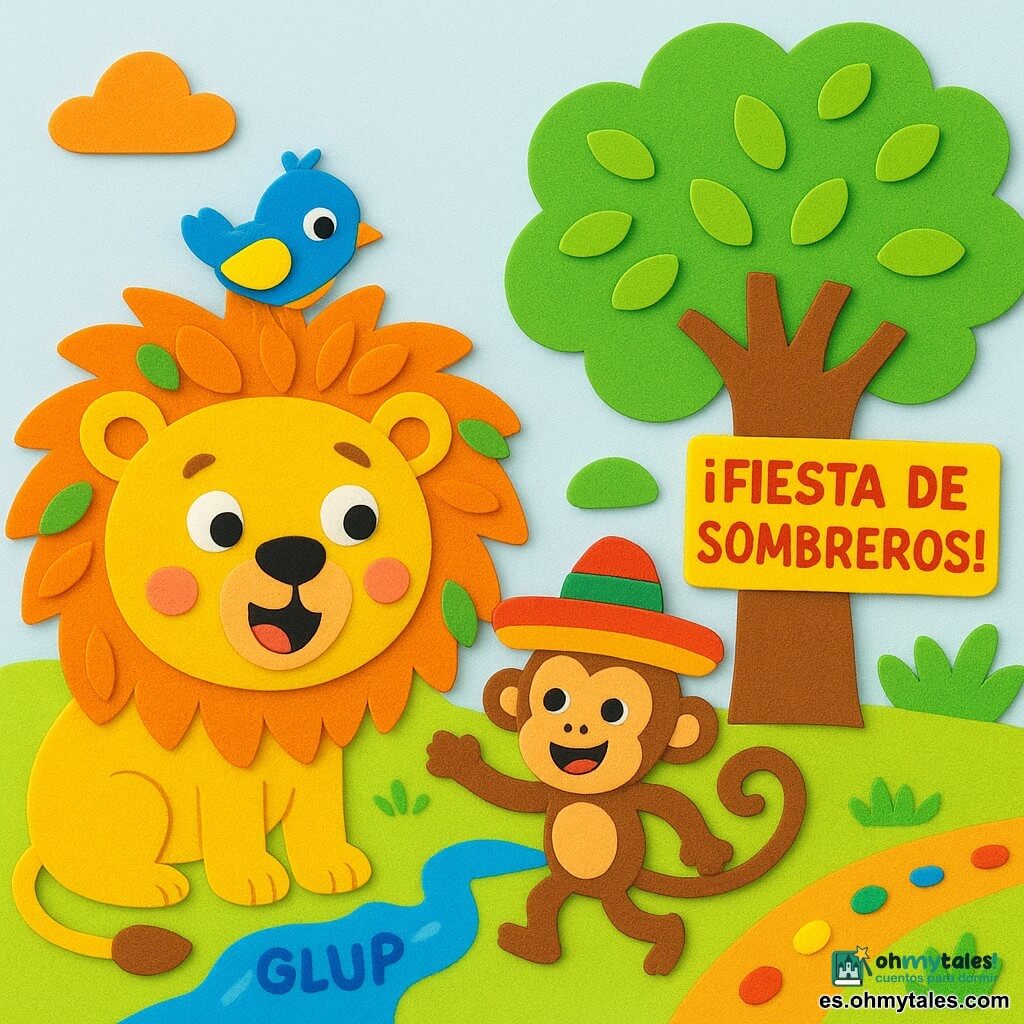 Un león redondo y dulce de pelaje dorado, con cabeza grande y melena despeinada llena de hojas, parece sorprendido y alegre, olfatea una sopa; un pajarito azul y amarillo con plumas en forma de pegatina, posado en la melena, lo mira con picardía; un mono marrón de ojos risueños, con un sombrero colorido demasiado grande, baila junto a un árbol a la derecha del león bajo un cartel que dice ¡FIESTA DE SOMBREROS!; la sabana es colorida con césped en franjas verdes, un sendero de huellas de pintura multicolor, un arroyo azul que hace “glup” y un gran árbol redondo con hojas en forma de pegatina; situación: el león descubre la fiesta de sombreros y se acerca curioso, la melena alborotada y divertido, mientras el pajarito y el mono lo reciben bajo el cartel.