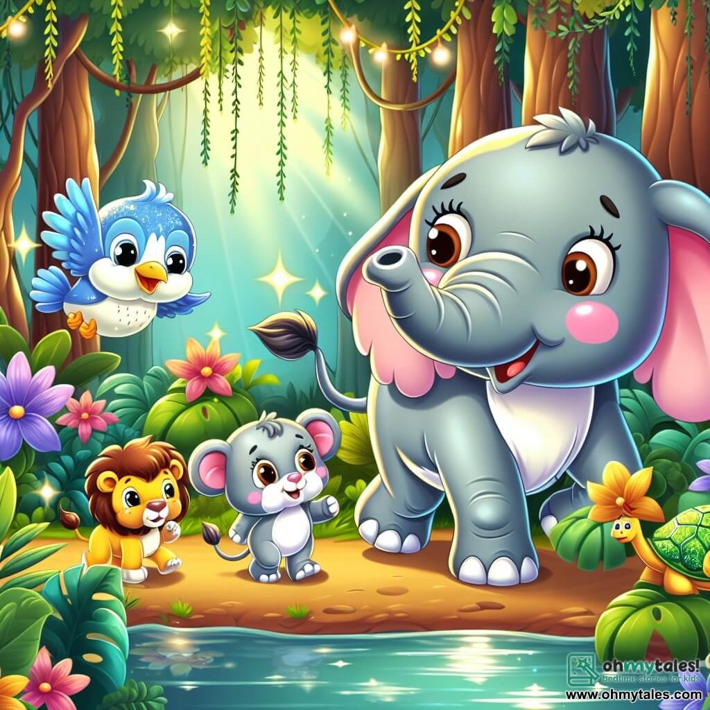 A cute and joyful elephant named Ellie stands at the center of the scene, with large floppy ears and a bright smile. Her body is gray with pink spots on her cheeks, and she has a little tail that wags with excitement. Next to her, Benny, a small blue bird with shiny feathers, flutters around Ellie, looking worried but hopeful. Further away, Lily, a golden-furred lion cub, plays with a ball of leaves, while Timmy, a green and shiny turtle, slowly makes his way toward them. 

The scene takes place in a lush jungle filled with colorful flowers, large trees with thick trunks, and hanging vines, creating a magical atmosphere. In the background, a sparkling stream reflects the sunlight. 

Ellie and her friends help Benny find his lost nest, and together they come up with a plan for Benny to reach his nest high up in a tree.