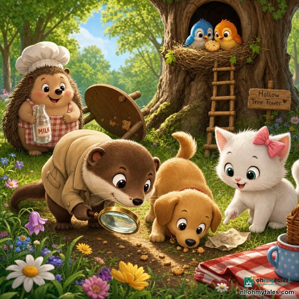 De hoofdpersoon is een jonge dasdetective, klein en mollig, met een sluwe glimlach, te grote beige jas, glanzende loep in een poot, gebogen over koekjeskruimels op de grond, dichtbij snuffelt puppy Harry, lichtbruine vacht, opgewonden ronde ogen, kwispelende staart aan een spoor van kruimels naast haar, poesje Pip is wit met een roze strik aan het oor, verbaasd en vrolijk, wijst naar een verkreukeld papiertje bij het picknickkleed, bakker Diederik is een mollige egel in een geruit schort met een vriendelijke glimlach, houdt een lege melkfles bij een omgevallen houten tafel, boven hen in de hoge boomtoren zit een nest met twee kleine gekleurde vogeltjes die naar beneden kijken met een koekje tussen de pootjes, locatie: zonnige open plek in het bos met een rood-wit picknickkleed, houten tafel met kruimels, wilde bloemen, groen gras en een grote holle boomtoren met een houten ladder, hoofdscène: de detective volgt een spoor van kruimels van het kleed naar de toren, de vrienden gegroepeerd rond haar met een vrolijk onderzoekende uitdrukking, zacht licht en felle kleuren.