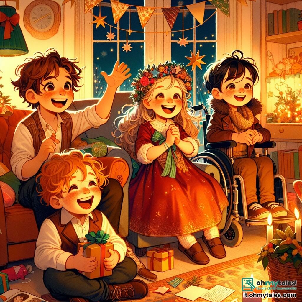 In un soggiorno accogliente, quattro bambini si preparano per la festa di Capodanno. A sinistra, Luca, un ragazzo di 8 anni con capelli castani e un grande sorriso, tiene una stella di carta colorata e guarda i suoi amici con entusiasmo. Accanto a lui, Sofia, una ragazza di 7 anni con capelli biondi e ricci, indossa un vestito rosso brillante e appende stelle di carta al soffitto, illuminando la stanza con la sua gioia contagiosa. Al centro, Marco, un ragazzo di 9 anni con occhiali e capelli neri, è seduto su un cuscino, raccontando una storia con gesti espressivi, catturando l'attenzione dei suoi amici. Infine, a destra, Chiara, una ragazza di 8 anni con capelli castani e una bella corona di fiori, è sulla sua sedia a rotelle, sorridente, mentre tiene un piccolo vaso con una piantina che inizia a germogliare. Il soggiorno è decorato con festoni scintillanti e luci colorate, con un grande albero di Natale in un angolo, pieno di decorazioni luccicanti. La situazione principale mostra i bambini uniti, pronti a celebrare il Capodanno, con stelle di carta in mano, circondati da risate e magia, mentre aspettano con impazienza il momento di condividere i loro sogni per l'anno a venire.