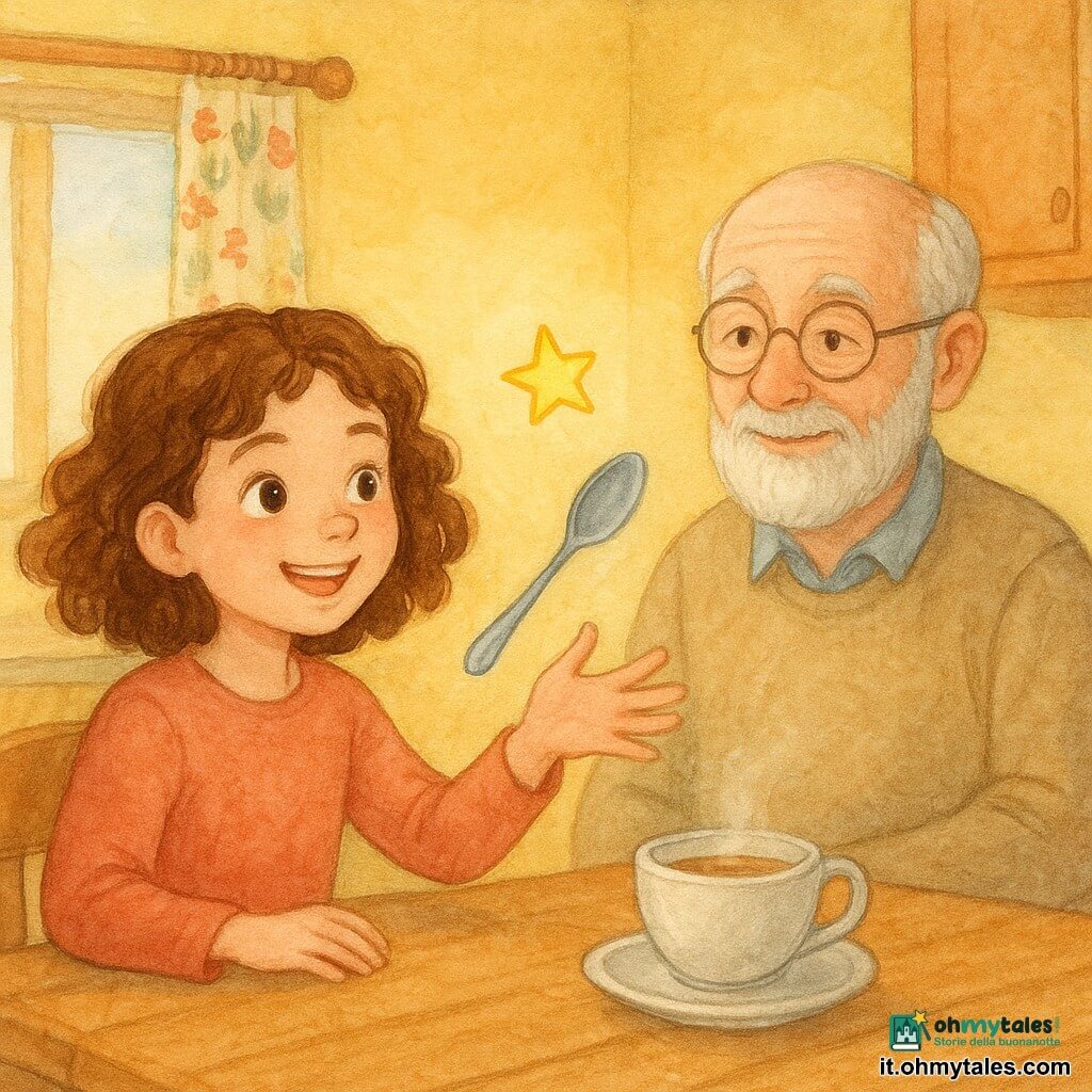 Una ragazza di 10 anni, di nome Nina, con capelli castani ricci e occhi scintillanti, sorride gioiosamente. Allunga la mano verso un cucchiaio che fluttua nell'aria, concentrata ma divertita. Un nonno di 70 anni, con barba bianca e occhiali rotondi, osserva la scena con un sorriso benevolo, seduto a un tavolo da cucina in legno. Una stella luminosa, piccola e scintillante, fluttua accanto a Nina, emanando una dolce luce dorata. La cucina è accogliente e colorata, con pareti gialle e tende a motivi floreali, illuminata dalla luce del mattino. La scena principale mostra Nina che usa il suo "soffio di idea" per guidare il cucchiaio verso una tazza di tè fumante, creando un'atmosfera magica e piena di tenerezza.