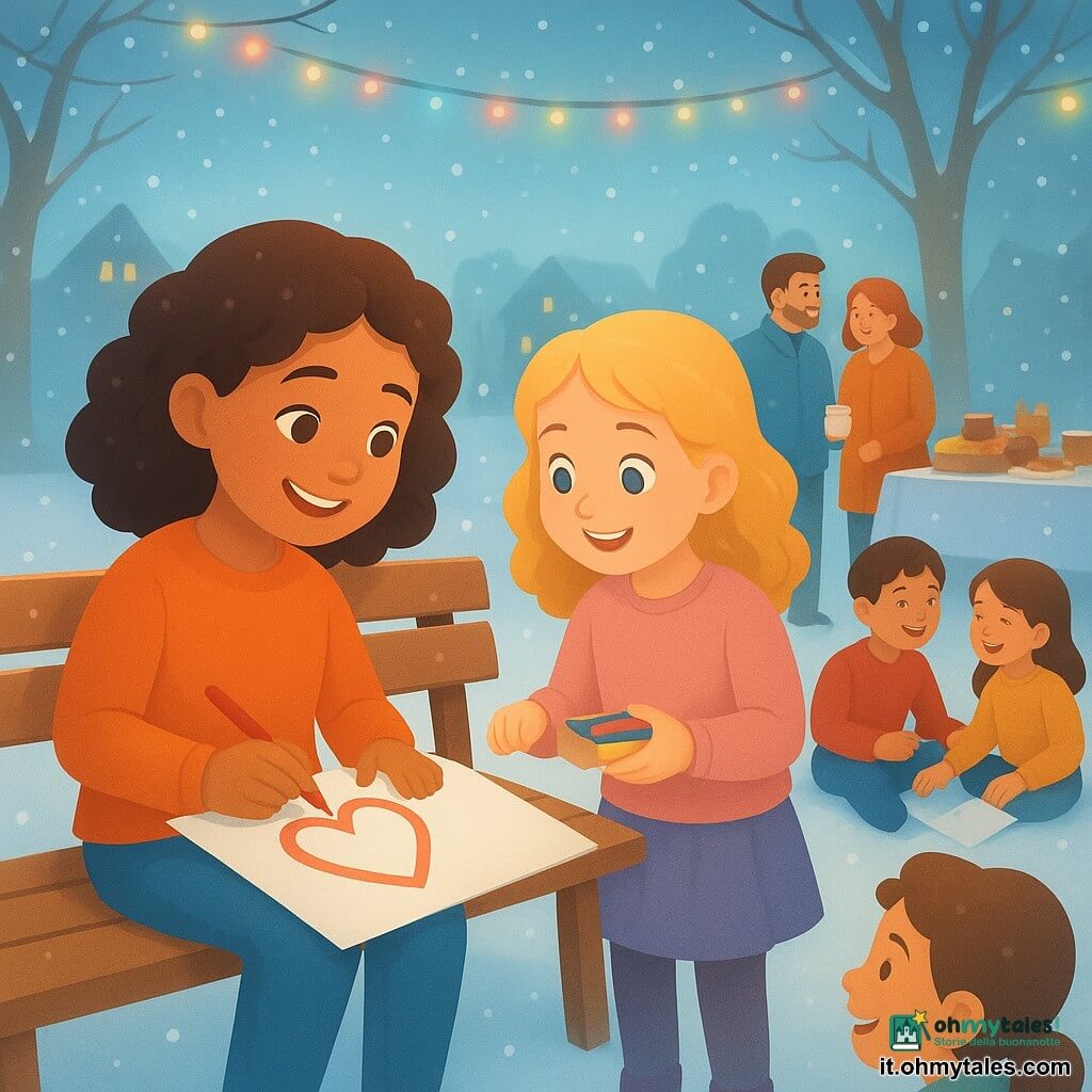 Una bambina di 8 anni, di nome Bianca, con capelli castani ricci e un sorriso radioso, è seduta su una panchina di legno, tenendo dei pastelli colorati. È gioiosa e concentrata, disegnando un grande abbraccio su un foglio. Accanto a lei, Teresa, una bambina di 8 anni con capelli biondi e ricci, guarda il disegno con meraviglia, tenendo una confezione di pastelli. Intorno a loro, altri bambini siedono in cerchio, ridendo e condividendo pastelli e fogli. La scena si svolge in una piazza del villaggio innevata, illuminata da ghirlande luminose colorate sospese tra gli alberi. Sullo sfondo, adulti sorridenti chiacchierano vicino a un grande tavolo pieno di dolci e cioccolate calde. L'atmosfera è calda e festosa, con fiocchi di neve che cadono dolcemente intorno ai personaggi.