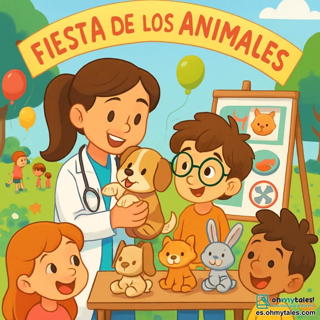 La Doctora Mariana es una mujer sonriente, con largos cabellos castaños recogidos en una coleta. Lleva una bata blanca y un estetoscopio alrededor del cuello, mientras sostiene un pequeño cachorro en sus brazos, mostrando una expresión de alegría y ternura. A su lado está Lucas, un niño de 8 años, con cabello castaño desordenado y gafas redondas. Mira al cachorro con asombro, los ojos brillantes de curiosidad. La escena tiene lugar en un parque soleado, lleno de flores coloridas y globos flotantes. Niños juegan alrededor, y una gran pancarta anuncia la "Fiesta de los Animales". Mariana explica a los niños cómo cuidar a los animales, con carteles coloridos de fondo y peluches de animales en una mesa. Los niños están atentos y sonrientes, cautivados por la historia de la veterinaria y su amor por los animales.