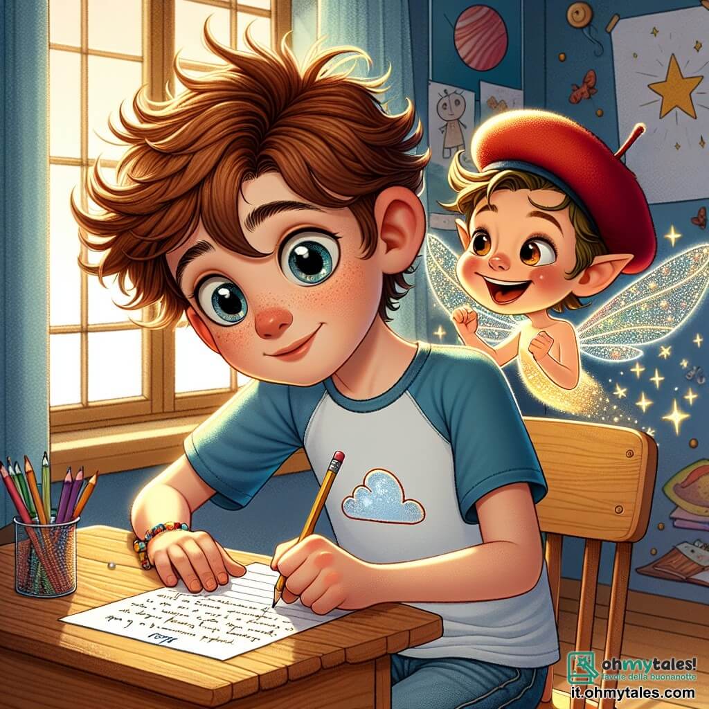 Un ragazzo di 10 anni, di nome Luca, con i capelli castani in disordine e occhi pieni di curiosità, è seduto a un tavolino di legno, concentrato a scrivere una lettera. Il suo viso esprime dolce eccitazione, indossa una maglietta blu con un disegno di nuvola e un pantaloncino di jeans. Accanto a lui, un piccolo folletto di nome Pippo, con un berretto rosso e ali scintillanti, fluttua nell'aria, sorridendo e gesticolando con entusiasmo per incoraggiare Luca. La scena si svolge nella camera di Luca, decorata con poster di pianeti e disegni di animali, con una finestra aperta che lascia entrare la luce del sole e stelle scintillanti. Sul tavolo, matite colorate e fogli di carta sono sparsi, creando un'atmosfera creativa e gioiosa. Luca, con uno sguardo determinato, scrive una lettera magica per sua mamma, mentre Pippo lo aiuta mostrandogli come far brillare le parole sulla pagina, creando un'atmosfera incantata piena di colori e luce.