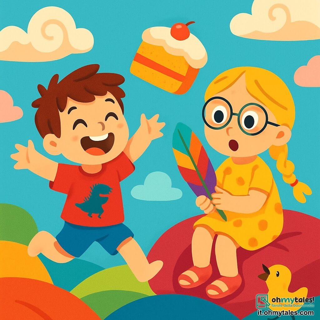 Ci sono 2 personaggi principali: - Luca: un ragazzo di 6 anni, con i capelli castani disordinati e gli occhi scintillanti. Indossa una maglietta rossa con un dinosauro e dei pantaloni corti blu. È in piedi, ridendo a crepapelle, con le braccia aperte, pronto a correre. - Martina: una ragazza di 6 anni, con lunghi capelli biondi intrecciati e occhiali tondi. Indossa un vestito giallo a pois e sandali rosa. È seduta su un cuscino gigante, con gli occhi sgranati per la sorpresa, tenendo in mano una penna colorata. La scena si svolge in un mondo fantastico pieno di cuscini giganti dai colori vivaci, torte volanti a forma di nuvole e anatre cantanti che fluttuano nell'aria. Il cielo è di un blu brillante, punteggiato da nuvole a forma di caramelle. La situazione principale mostra Luca e Martina che scoprono questo mondo magico dopo aver toccato una penna colorata. Ridono e si divertono, inseguendo un'enorme fetta di torta che vola via, mentre un'anatra canta gioiosamente accanto a loro.