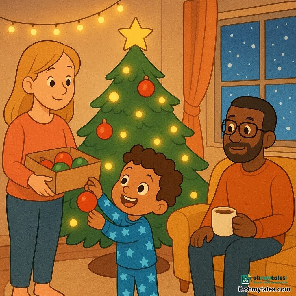 Un bambino di 3 anni, di nome Leo, con capelli castani ricci e occhi scintillanti, indossa un pigiama blu con motivi di stelle. È meravigliato, con un grande sorriso sul viso, mentre appende una pallina rossa brillante su un albero di Natale. La mamma di Leo, una donna di circa 30 anni con capelli biondi e un dolce sorriso, tiene una scatola di decorazioni e sta accanto a Leo, incoraggiandolo con tenerezza. Il papà di Leo, un uomo di circa 35 anni con una barba corta e occhiali, è seduto sul divano, tenendo una tazza di cioccolata calda, osservando la scena con uno sguardo benevolo. La scena si svolge in un salotto accogliente, decorato con ghirlande luminose e un grande albero di Natale scintillante. Il pavimento è coperto da un tappeto soffice e una finestra mostra fiocchi di neve che cadono dolcemente all'esterno. Leo, in punta di piedi, appende una pallina rossa su un ramo basso dell'albero, mentre le luci di Natale lampeggiano dolcemente intorno a lui, creando un'atmosfera magica e festiva.