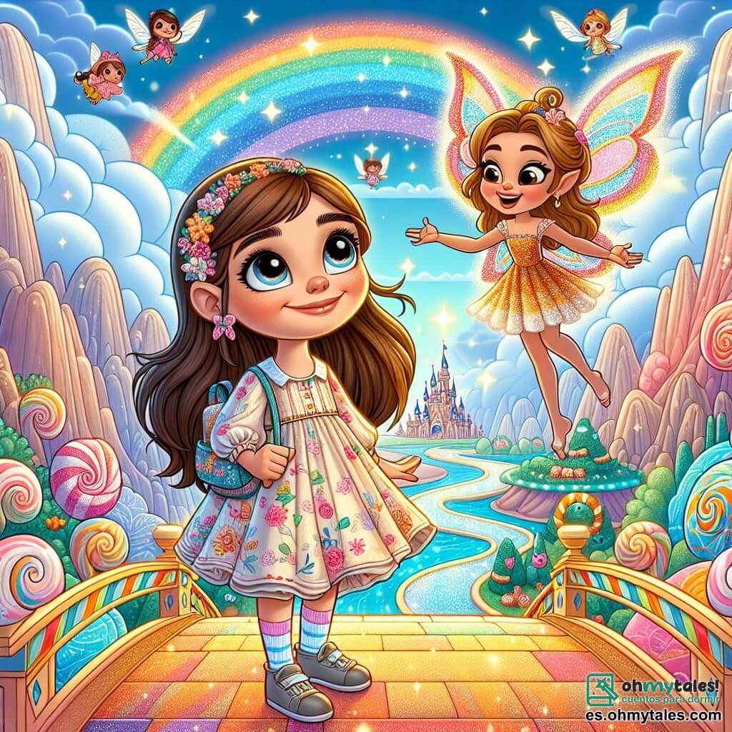 En el centro de la imagen, una niña de 8 años llamada Lila, con largos cabellos castaños y ojos brillantes de curiosidad, se encuentra en un puente colorido hecho de luz y arcoíris. Lleva un vestido ligero con motivos florales y una pequeña mochila llena de pasteles. Su rostro expresa gran determinación y alegría deslumbrante mientras observa con asombro el paisaje mágico que la rodea. A su lado, un pequeño ser feérico llamado Estrella, un hada con alas brillantes de todos los colores, vuela alegremente a su alrededor. Estrella tiene un rostro sonriente y cabello dorado, y parece animar a Lila con gestos entusiastas. Al fondo, el Reino de los Sueños se extiende a la vista, con montañas flotantes, ríos que brillan como diamantes y árboles de caramelo. El cielo es de un azul brillante, salpicado de nubes en forma de criaturas fantásticas. La escena principal muestra a Lila en el puente, lista para cruzar hacia el Reino de los Sueños, con una mirada decidida, mientras Estrella danza a su alrededor, iluminando la escena con una magia deslumbrante.