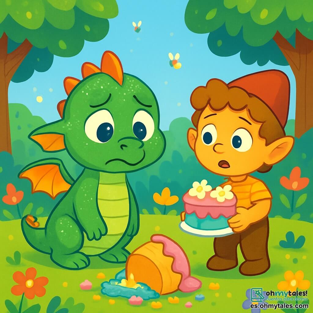 Lila, una pequeña dragona de escamas verdes brillantes y ojos llenos de curiosidad, está en el centro de la escena con una expresión de tristeza en su rostro. Mira su pastel fallido, volcado en el suelo, con migajas de crema de colores a su alrededor. A su derecha, Dodo, un pequeño duende de cabello rizado y piel dorada, observa a Lila con sorpresa y decepción, sosteniendo su propio pastel decorado con flores de azúcar. Él lleva un pantalón de terciopelo y una camisa a rayas, listo para compartir su felicidad. El escenario es un claro encantado, rodeado de árboles majestuosos con hojas brillantes y flores multicolores que bailan al viento. Luciérnagas iluminan el aire, creando una atmósfera mágica. La situación principal muestra a Lila, dudosa, frente a su mentira, preguntándose si debe confesar la verdad sobre su pastel y compartir su sentimiento de culpa con sus amigos.