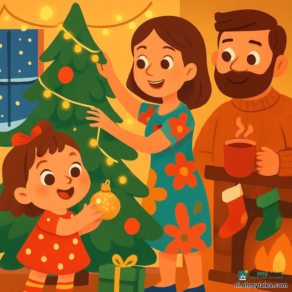 Een klein meisje van 2 jaar, Lina, met grote glanzende ogen en roze wangen, glimlacht vrolijk terwijl ze een glinsterende kerstbal in haar kleine handen vasthoudt. Ze draagt een rode jurk met witte stippen en gestreepte sokken. Naast haar past haar moeder, een vrouw van in de dertig met kastanjebruin haar en een warme glimlach, een lichtslinger aan de kerstboom. Ze is gekleed in een lichte, kleurrijke jurk. Een vader, een stevige man van in de dertig met een zachte baard en een wollen trui, staat bij de open haard met een kop warme chocolademelk en kijkt teder naar zijn dochter.

De scène speelt zich af in een gezellige woonkamer, versierd voor Kerstmis, met een grote verlichte kerstboom in het midden, glinsterende slingers en sokken die boven de open haard hangen. Buitenshuis vallen er zachtjes sneeuwvlokken, zichtbaar door een met sneeuw versierde raam.

Lina plaatst verwonderd de kerstbal voorzichtig op een tak van de boom, terwijl haar moeder en vader haar aanmoedigen met glimlachen. De sfeer is warm en feestelijk, vol vreugde en familiale liefde.