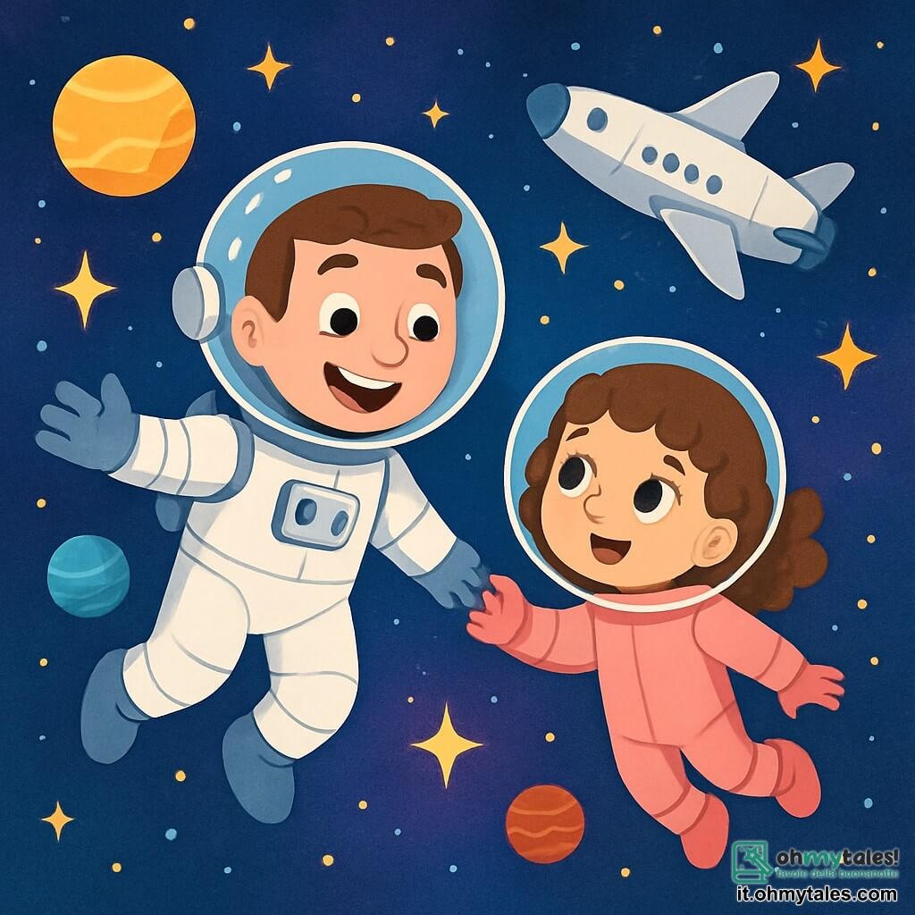 Un astronauta sorridente, con una tuta spaziale bianca brillante e un casco trasparente, fluttua gioiosamente nello spazio. I suoi occhi brillano di eccitazione e il suo ampio sorriso mostra la sua passione per l'esplorazione. Accanto a lui, una bambina di 7 anni, Sofia, con capelli ricci castani e occhi curiosi, osserva le stelle con meraviglia. Indossa una tuta spaziale rosa, un po' troppo grande per lei, e tende la mano verso Luca, come se volesse unirsi alla sua avventura. Sullo sfondo, un cielo stellato è pieno di pianeti colorati e scintillanti, con sfumature di blu, viola e oro. La navetta spaziale di Luca, argentata e futuristica, fluttua sullo sfondo, illuminata dalla luce delle stelle. La scena principale mostra Luca e Sofia che fluttuano insieme, ridendo e meravigliandosi della bellezza dello spazio, mentre stelle brillanti scintillano attorno a loro, creando un'atmosfera magica e piena di sogni.
