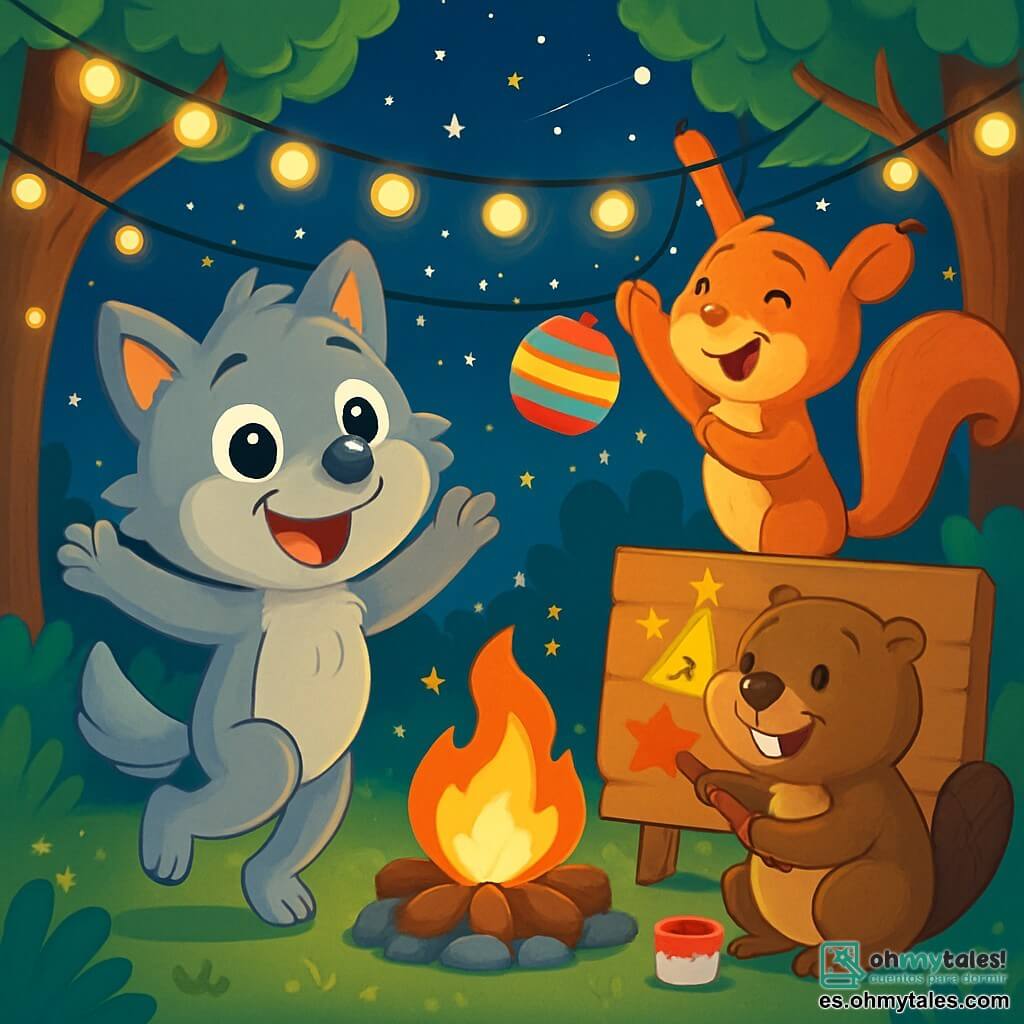 Un pequeño lobo llamado Lupi, con pelaje gris y suave, grandes ojos brillantes y una sonrisa alegre, baila bajo un cielo estrellado, rodeado de guirnaldas luminosas. Está lleno de energía y felicidad, saltando con entusiasmo en medio de la fiesta. A su lado, una pequeña ardilla llamada Rina, con un pelaje rojo brillante y una cola esponjosa, ríe mientras cuelga linternas de colores en los árboles, su rostro radiante de alegría. Un castor llamado Bruno, con pelaje marrón y dientes visibles, está sentado cerca de un gran panel de madera, pintando un mensaje festivo con una expresión concentrada y feliz. La escena transcurre en un claro encantado del bosque, iluminado por luces centelleantes colgadas de las ramas de los árboles, con una gran fogata crepitante en el centro, rodeada de animales alegres. Lupi y sus amigos celebran juntos la víspera de Año Nuevo, en un ambiente festivo y cálido, lleno de risas y camaradería.