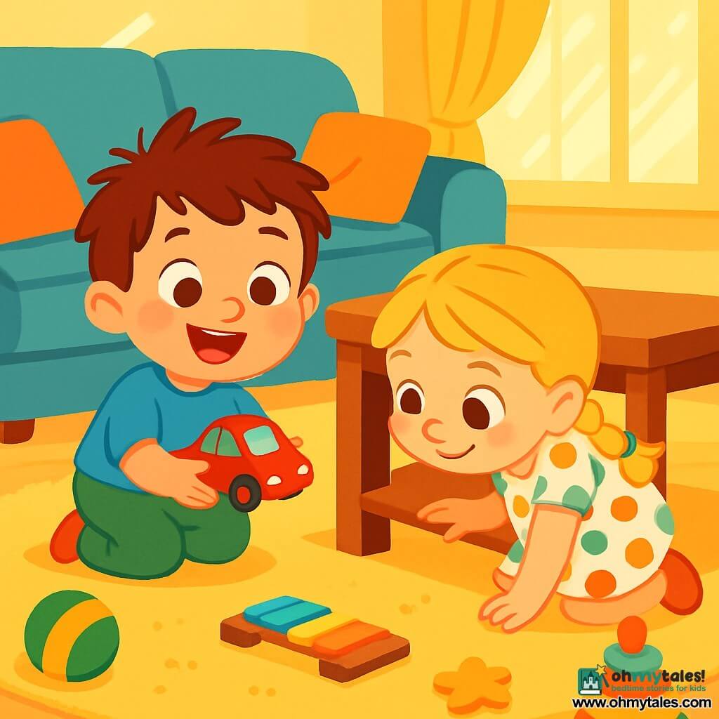 A 2-year-old boy named Max, with messy brown hair and big sparkling eyes, is crouched on a fluffy rug, a joyful smile on his face. He holds a shiny red toy car in his hands, his cheeks rosy with excitement. Next to him is his best friend Mia, a 3-year-old girl with braided blonde hair and a colorful polka-dotted dress, kneeling and looking under the table with determination. The bright living room is filled with scattered toys, a large blue sofa, and colorful cushions, with sunlight streaming through the curtains, bathing the room in a warm golden light. Max and Mia are searching for Max's red car, laughing and having fun together as they enthusiastically explore every corner of the room.