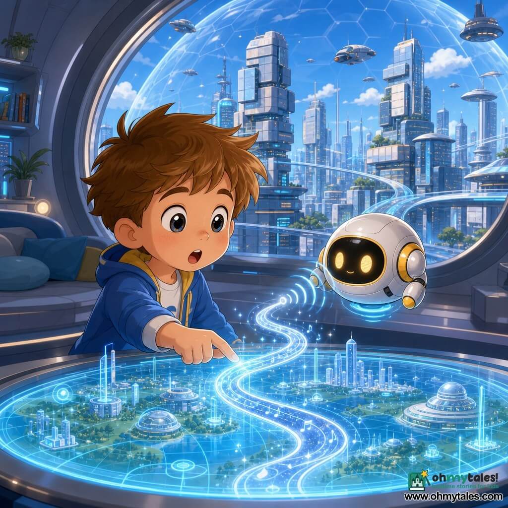 Milo, a 6-year-old boy with a round face, bright wide eyes and tousled light brown hair, stands by a panoramic window reaching toward a glowing holographic map while Pip, a small round white-and-yellow robot with warm light eyes, floats at his shoulder; a silver-and-pale-blue sinuous melody-line winds across the map as if calling Milo; they are in a modern apartment on the 42nd floor overlooking a futuristic city under a blue dome with stacked gleaming skyscrapers, transparent walkways and small flying vehicles, the scene bathed in blue and silver light conveying a gentle, reassuring sense of adventure focused on Milo's pointing hand and amazed face.