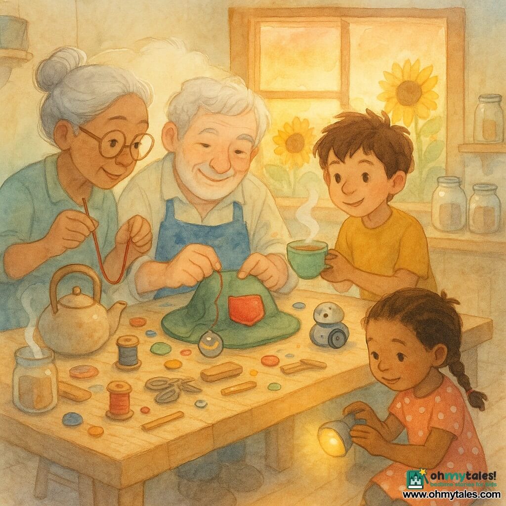 Mr. Maple, smiling and focused with soft grey hair and a bright blue apron stained with paint and flour, sews a red pocket onto a green fabric hat on a large wooden table; Mrs. Finch, about 60 with silver hair in a bun and round glasses, leans in from the left holding a large needle and red thread; Milo, ~7, tousled brown hair and curious eyes, stands to the right showing a small steaming cup of soup to the hat; Tia, ~6, braided hair and a polka-dot dress, crouches in front sticking a yellow sticker on a flashlight; a round toy robot with a repaired wheel rolls nearby; the kitchen-workshop features a light wooden table strewn with buttons, spools, small boards, a steaming teapot, glass jars, and a window showing a sunflower garden at sunset; main scene: a joyful test of the "Helping Hat"—soup steam, flashlight beam, shared smiles—warm, cooperative, inventive atmosphere in pastel watercolor tones.