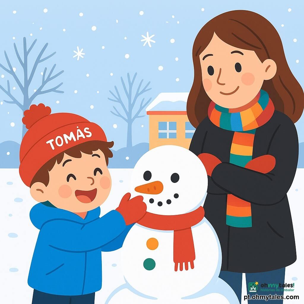 Um menino de 4 anos, chamado Tomás, com cabelos castanhos bagunçados e bochechas rosadas, sorri alegremente enquanto segura um boneco de neve de algodão em suas pequenas mãos. Ele veste um casaco azul vibrante, um gorro vermelho com um pompom e luvas vermelhas, que contrastam com o branco brilhante da neve. Ao lado dele, sua mãe, uma mulher de cerca de 30 anos, com longos cabelos castanhos e um sorriso caloroso, o observa com orgulho, vestida com um casaco preto e um cachecol colorido. Ela está ligeiramente atrás, com os braços cruzados, admirando o boneco de neve que seu filho criou. O cenário é um pátio escolar coberto de neve, cercado por árvores despidas com galhos cintilantes sob um céu cinza claro. Flocos de neve caem suavemente, adicionando um toque mágico à atmosfera invernal. A cena principal mostra Tomás, cheio de alegria e excitação, decorando seu boneco de neve com pedaços de cenoura e botões coloridos, enquanto sua mãe o encoraja com um olhar carinhoso.