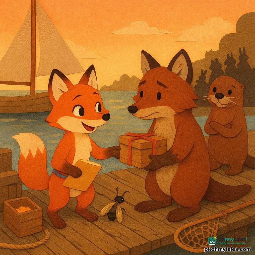 Lila, uma pequena raposa-ruiva de olhos vivos e pelo alinhado, aparece sorridente e aliviada segurando um caderno amarelado e guiando os outros, com uma corda azul na cintura, em tábuas gastas do cais; Sula, uma raposa mais velha de pêlo ruivo-escuro e orelhas um pouco grisalhas, tem expressão tímida e agradecida segurando uma caixa de madeira amarrada com uma velha corda vermelha, ligeiramente atrás de Lila; Pip, um pequeno inseto brilhante com antenas finas e asas translúcidas, está empoleirada na borda de um barril, curiosa; Nita, a lontra de bigodes úmidos e pêlo castanho brilhante, sorri benevolente com os braços cruzados junto a uma rede no cais observando o grupo; ao fundo, animais da vila em silhuetas recortadas de papel (coruja, castor, coelho) formam uma pequena multidão mostrando surpresa e alívio; o cenário é um velho cais de madeira com tábuas rachadas, um barco à vela amarrado, cordas enroladas, caixas empilhadas, manchas amarelas sugerindo mel e um rio brilhante refletindo um céu alaranjado de fim de tarde; a cena principal mostra o retorno da caixa de biscoitos ao cais — atmosfera de reparação e partilha, gestos de perdão e amizade, luz suave, sombras nítidas e cores quentes com texturas de papel sobrepostas.