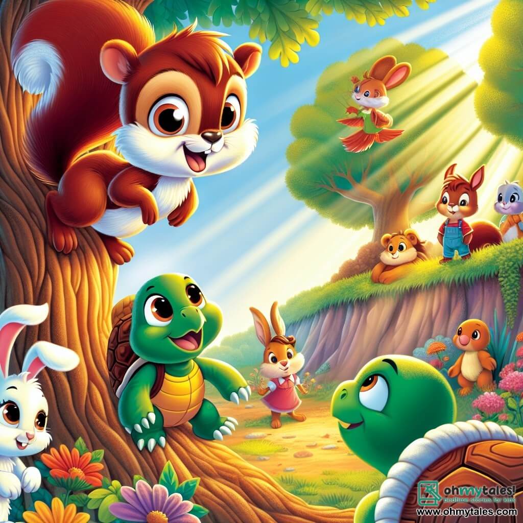 An illustration depicts a small squirrel, a mischievous boy with brown fur and a bushy tail, showing an expression of excitement mixed with concern. He stands on a tree branch, eyes bright, looking down at a group of friends. An adorable rabbit, a girl with large ears and white fur, stands beside an old oak, her face radiating curiosity and friendship as she smiles encouragingly at the squirrel. A wise turtle, a boy with a green shell and gentle eyes, sits on the ground, looking thoughtful as he contemplates the situation. A small bird, a boy with colorful feathers, flies around them, singing joyfully, his face expressing happiness and enthusiasm. The main setting is a hidden glade in a lush garden, surrounded by vibrant flowers and majestic trees, with sunlight filtering through the leaves, creating a magical and welcoming atmosphere. The main situation shows the squirrel hesitating to share his secret with his friends, while they encourage him to open his heart and reveal the beauty of their shared discovery. Other graphic elements include acorns falling from trees, colorful berries scattered on the ground, and golden light illuminating the scene, adding warmth and magic to this moment of friendship and sharing.