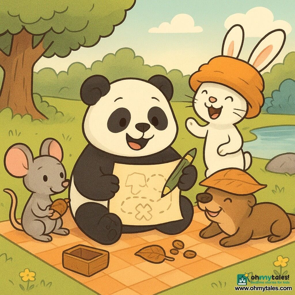 Pip the panda (main character) is joyful and cuddly, round and plush with bold black-and-white fur, holding a large sheet with a map drawing and a big green crayon, sitting in the center of a checkered blanket; Mila the mouse (secondary) is small, grey with big pink ears, smiling and curious, seated to Pip’s left looking at the map and holding half of a shiny acorn; Otto the otter (secondary) is playful and laughing, long sleek body lying on his stomach to Pip’s right with his head on his paws and a leaf on his nose; Bree the rabbit (secondary) is bouncy and excited, white fur and long ears, wearing an oversized fluffy hat and standing behind Pip laughing. They’re in a grassy clearing by a mirror-like pond with a large leafy tree, a smooth rock by the water and a nearby blue bush; the blanket lies on green grass dotted with small flowers. The friends sit together sharing a small treasure (an acorn with a ribbon opened and crunchy seeds), surrounded by funny hats and an open wooden box, warm atmosphere, soft colors, round shapes and simple, readable expressions for children.