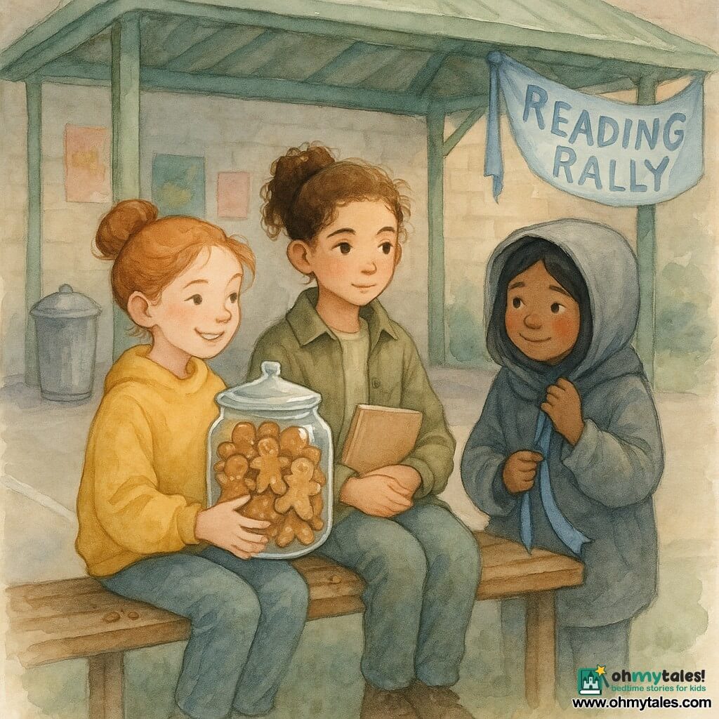 Three girls stand on a worn wooden bench under a shaded school canopy with a green metal roof: Nina, ~12, curly brown hair in a ponytail, khaki jacket and notebook, center, looking at a large glass jar of ginger biscuits with a serene, determined expression; Zara, ~12, red hair in a bun, bright yellow sweatshirt, left, holding the jar carefully with both hands and a mischievous smile; Tessa, ~11, black hair under a grey hood, right, blue ribbon in hand, shy and relieved; the concrete floor has a wide white line and crumbs, colorful posters and a metal bin on the wall, a blue “Reading Rally” banner with a fresh blue ribbon tied to it, the mood is one of repair, relief and camaraderie with soft watercolor lighting and white-pen highlights on glass and clothing.