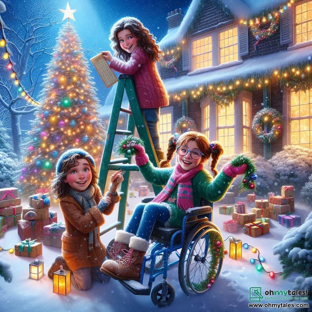 Three joyful girls stand in Mr. Hargrove's snowy garden, surrounded by twinkling lights. Emily, a 10-year-old with curly brown hair and a big smile, is perched on a ladder hanging lights on the roof. Next to her, Lucy, also 10, with blonde hair in braids, laughs while holding a box of colorful decorations. Finally, Mia, a 10-year-old with brown hair and glasses, sits in her blue wheelchair decorated with bells, holding a guest list and enthusiastically directing the operations. The garden is a winter wonderland, featuring a large tree adorned with shiny ornaments and garlands, while snowflakes gently fall from the sky. Mr. Hargrove's house, lit by multicolored lights, exudes a warm and festive atmosphere. The girls are preparing a Christmas surprise for Mr. Hargrove, transforming his garden into a dazzling display of joy and magic, all while laughing and having fun together.