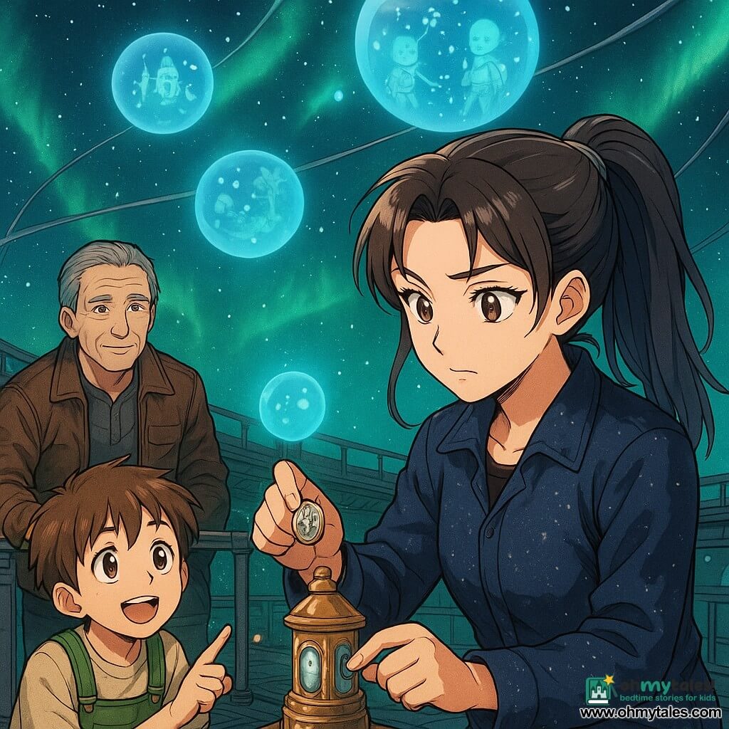 A woman (Lira) with a gentle, focused face, brown ponytail with silver strands, and a dust-streaked navy technician's jacket delicately inserts a small shiny metal token (Spark-Token) into a brass valve-lantern inlaid with moonstone; a wide-eyed, smiling ten-year-old boy (Timo) in green overalls crouches left, pointing at a floating blue bubble; an elderly, kind-faced engineer in a worn leather jacket leans on a railing at right; they stand on a metal space platform with steel walkways, brass circular valves and cold-glowing moonstones beneath a green auroral sky threaded with silver cables and floating blue light bubbles, as a large blue gas bubble opens above, releasing tiny memory images that bathe the children's and engineer's faces in a soft, magical glow.