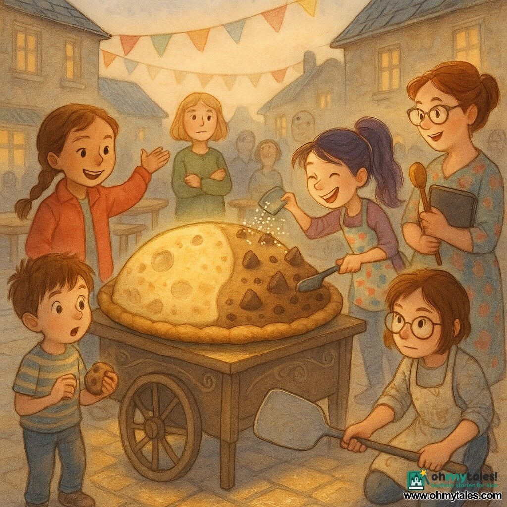 Six characters on a narrow cobblestone village square at dusk with colorful banners and wooden tables: Amelia, 12, light brown hair in a braid, bright red jacket, standing left of a giant round cookie-pie on a small decorated wooden cart, right hand raised in a presenting gesture, determined smile; Sophie, 12, short brown hair, round glasses, flour-stained smock, crouched in front holding a giant spatula, focused; Lily, 12, long purple ponytail, polka-dot apron, sprinkling edible glitter and chips on the right side, laughing; Chloe, 12, blond bob, olive-green sweater, arms crossed thoughtfully behind the cart, smiling proudly; Max, 7, tousled hair, striped tee, holding a small cookie and staring wide-eyed at the giant pie in front left; Mrs. Pepperidge, about 45, floral dress and stylish glasses, holding a notebook and a wooden ladle like a judge's whistle, standing right and smiling in amazement. The centerpiece is an enormous round cookie-pie on the cart, half golden, half cratered, piled with chocolate-chip "mountains" and moon-like icing; the children present it to the judges while an amused crowd watches, warm evening light casting long shadows and golden highlights on the cobbles.