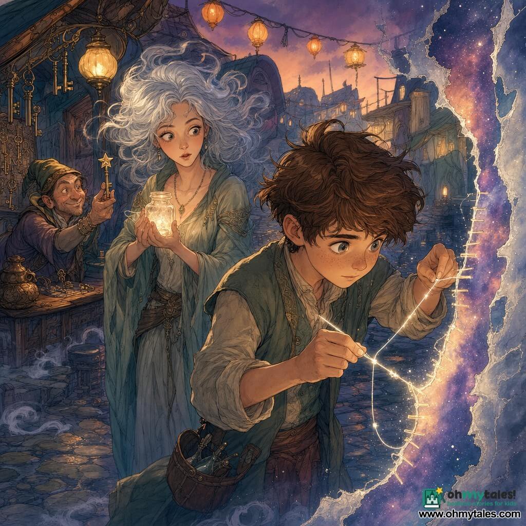 The main character is a nine-year-old apprentice sorcerer with a round, freckled face, large focused eyes and messy brown hair; he leans forward, sleeves rolled, sewing a shimmering stitch of light into a visible tear in the air with a glowing needle, determined and slightly nervous. The Mist Spinner is a tall woman with silver-mist hair and pale skin, standing beside him, holding a small glowing jar of "gratitude" and looking at him with surprise and fondness. A tiny middle-aged key seller stands in the background by a small key shop to the left, offering a brass star-ornamented key with a sly smile. The setting is the Twilight Market: sunken cobbled aisles, strings of lanterns casting warm light, stalls made from doors and overturned boats, low drifting mist and soft purples, oranges and sage greens. The scene focuses on the intimate, magical act of mending the shimmering rift as the jar is offered and the stitch of light seals the tear.