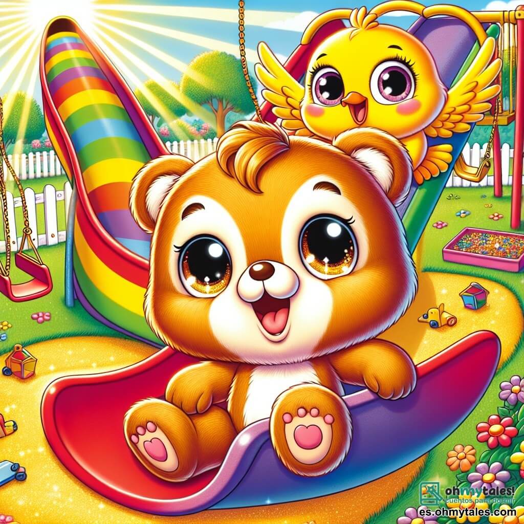 En primer plano, un pequeño oso de peluche llamado Osito, con un suave pelaje marrón y ojos brillantes de curiosidad, está subiendo por un gran tobogán colorido, mostrando una amplia sonrisa de emoción. A su lado, un pájaro alegre llamado Piolín, con plumas amarillas brillantes y un pequeño pico naranja, vuela en círculos alrededor de Osito, con ojos brillantes de felicidad, animando a su amigo a deslizarse. El lugar es un parque de juegos soleado, lleno de colores vivos: columpios rojos, un arenero dorado y flores multicolores que bordean los senderos. En el fondo, niños ríen y juegan, creando una atmósfera alegre y animada. La situación principal muestra a Osito y Piolín listos para vivir una gran aventura, mientras descubren un cofre escondido detrás del tobogán, lleno de tesoros brillantes, con rayos de sol iluminando su descubrimiento.
