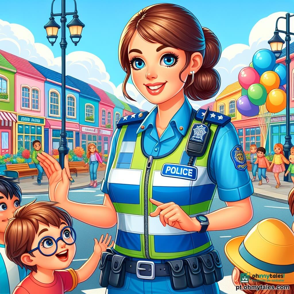 Uma policial, na casa dos trinta anos, com cabelo castanho preso em um coque, veste um uniforme azul vibrante e um colete refletivo. Ela tem um sorriso caloroso e olhos brilhantes de determinação, enquanto explica calmamente as regras de segurança no trânsito a um grupo de crianças. Entre as crianças, um menino de 8 anos, com uma camiseta vermelha e óculos, levanta a mão com entusiasmo, pronto para responder. Uma menina de 7 anos, usando um bonito chapéu amarelo, escuta atentamente, com os olhos bem abertos, fascinada pelas histórias da policial. A cena ocorre em uma praça movimentada, cercada por prédios coloridos, com uma grande árvore no centro e bancos onde famílias descansam. Balões flutuam no ar, e um pequeno palco está montado para um show de música. A policial ensina as crianças a atravessar a rua com segurança, usando gestos claros e sorrisos, enquanto as crianças se divertem imitando seus movimentos, criando uma atmosfera alegre e educativa.