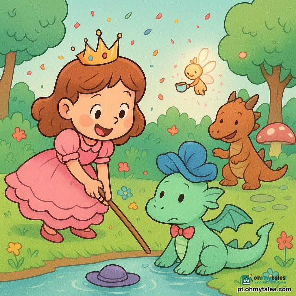 A princesa Lila, alegre e travessa, usa uma pequena coroa brilhante, um vestido rosa de babados e segura um bastão longo para alcançar o chapéu; ela tem bochechas redondas, olhos grandes e um confete na coroa. O pequeno dragão Pingo, cor menta, redondo e fofo, com gravata torta e chapéu de flor, está ajoelhado à beira do lago batendo as asas e mostrando seu chapéu caído na água. O dragão Chá-Chá, maior e cor de pão de gengibre, empurra um carrinho de xícaras de chá ao fundo à esquerda, parecendo um pouco apressado mas gentil. A fada Pó-Pó, minúscula e luminosa, paira acima deixando faíscas rosas e segura um pequeno bule fumegante. O cenário é uma clareira encantada com um lago espelhado, árvores com folhas em forma de coração, relva verde com flores coloridas, pedras brilhantes no caminho, cogumelos gigantes e uma mesa de piquenique em forma de cogumelo ao longe. A situação principal: a princesa ajuda Pingo a recuperar seu chapéu no lago enquanto confetes coloridos flutuam no ar; atmosfera alegre, cores pastel vivas, traços arredondados e texturas suaves, expressão de amizade e responsabilidade.