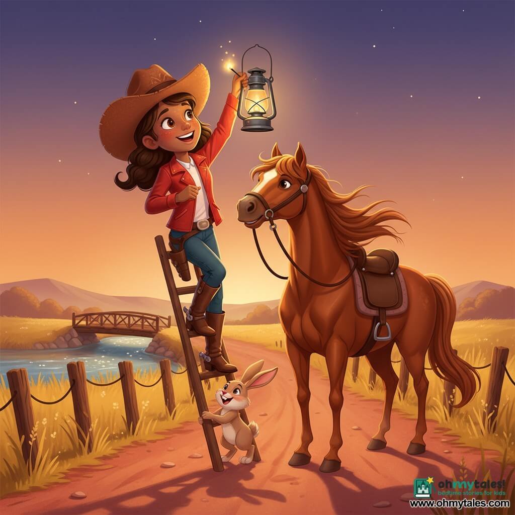 Annie is a smiling, proud cowgirl with a sun-freckled face, bright eyes, wide brown hat, red leather jacket and shiny boots, climbing a small wooden ladder to hang and light a lantern; Daisy, a tall glossy chestnut mare with a flowing mane, stands patiently beside her with a simple saddle and worn straps; Benny, a small round beige male rabbit with long upright ears, holds a wooden post and smiles at the ladder foot near Annie’s boots; a dusty red dirt road lined with tall yellow grass and old wooden posts, a small log bridge crosses a sparkling river in the background; twilight sky in orange and purple with early stars and warm lantern light casting golden halos and long shadows, creating a gentle, reassuring, calm heroic scene.