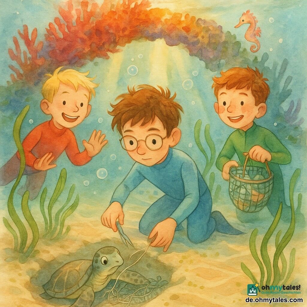 Drei 9-jährige Jungen—Mats, Ben und Oskar—helfen in einer kleinen Unterwasserbucht bei einem bunten Korallenbogen einer kleinen Meeresschildkröte; Mats schneidet vorsichtig eine Leine von der Flosse, Ben beruhigt die Schildkröte mit sanften Gesten, Oskar hält ein Netz mit gesammelten Plastikabfällen, während Seegras, hell gestreifter Sand, goldenes Sonnenlicht und aufsteigende Blasen die Szene beleben und ein pastellfarbenes Seepferdchen vom Korallenbogen aus zusieht.