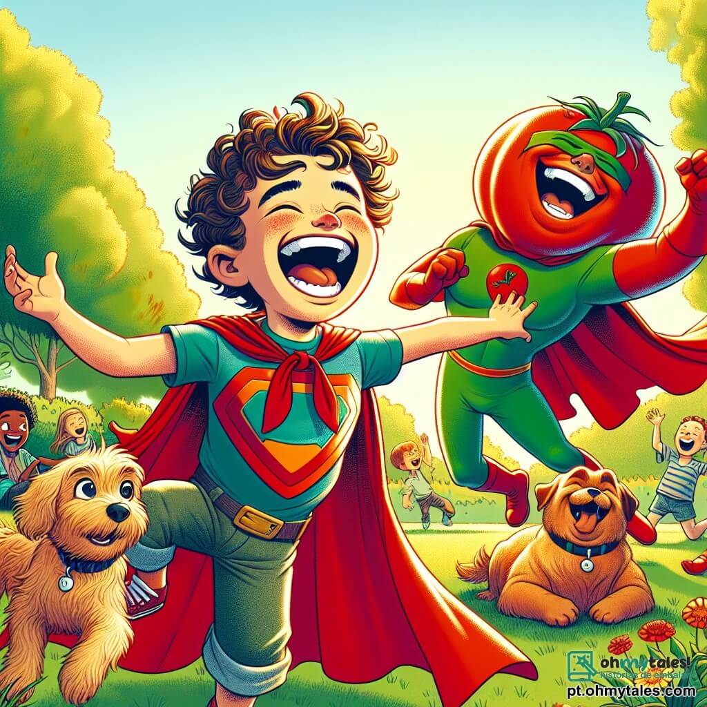 Um garoto chamado Zeca, com cerca de 8 anos, cabelos cacheados e um grande sorriso, veste um traje de super-herói colorido, com uma capa vermelha esvoaçante. Ele ri alto, de braços abertos, pronto para fazer palhaçadas com um grupo de amigos. Ao seu lado, seu fiel cachorro Pipoca, um pequeno cão de pelos dourados, pula alegremente, com a língua de fora, pronto para latir de felicidade. Um pouco mais adiante, aparece o Super-Tomate, um homem de cerca de 30 anos, com uma grande cabeça de tomate e um traje verde, que ri enquanto tenta limpar o suco de tomate que respingou em seu rosto. O cenário é um parque ensolarado, cheio de árvores verdes e flores coloridas, com crianças brincando ao fundo. Zeca e Pipoca estão cercados de risos e alegria, enquanto o Super-Tomate lida com seu próprio desastre cômico. A cena transmite uma atmosfera de felicidade e camaradagem, repleta de cores vibrantes e sorrisos brilhantes.