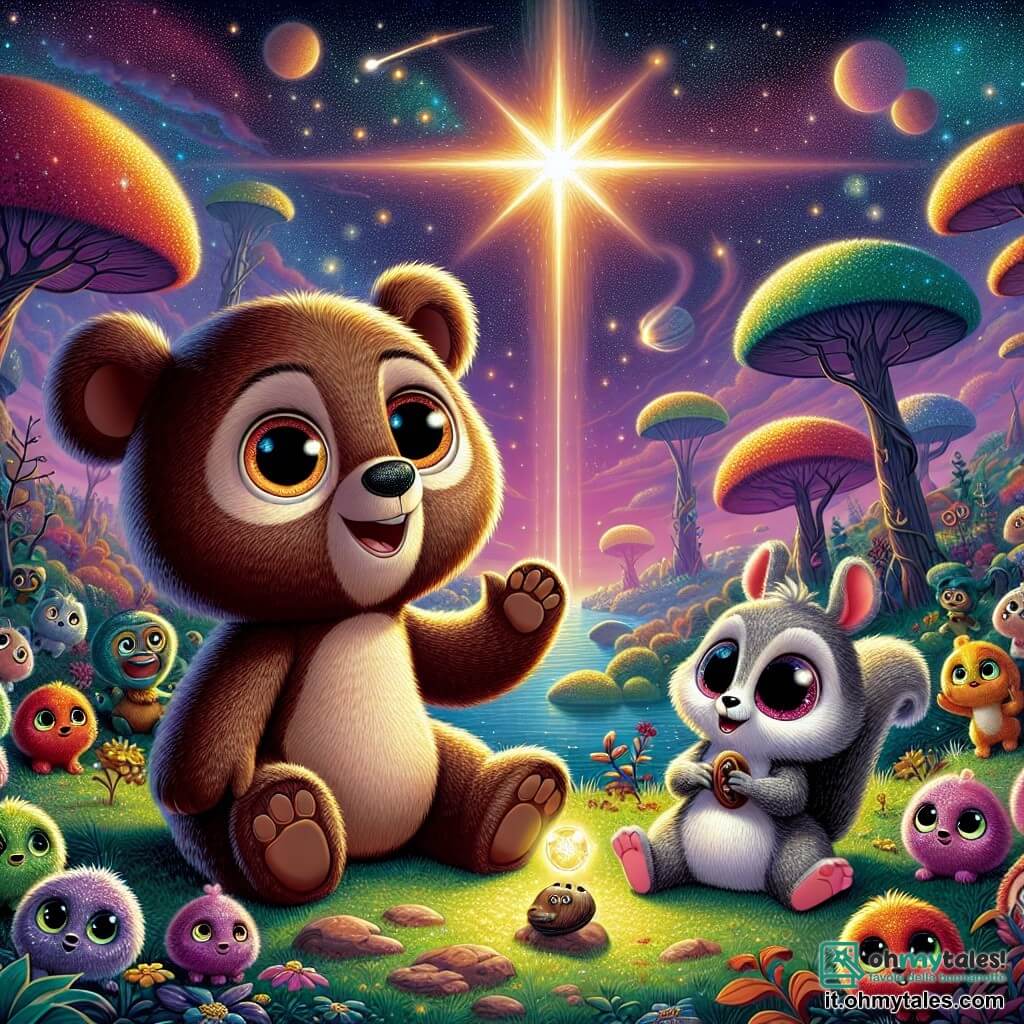 Bruno, un orso di peluche dai morbidi peli marroni e con grandi occhi tondi e curiosi, osserva meravigliato una luce magica che brilla sopra di lui, con le zampe alzate in segno di stupore. Accanto a lui, Pippo, un piccolo scoiattolo dagli occhi scintillanti e con il pelo grigio, sorride con entusiasmo, tenendo un piccolo strumento musicale tra le zampe, pronto a suonare una melodia gioiosa. Sullo sfondo, i Fluffi, piccole creature pelose dai colori vivaci, saltellano felici intorno a loro, con gli occhi brillanti di entusiasmo. Il paesaggio è incantevole, con alberi dalle forme strane, fiori multicolori che danzano al vento e un cielo stellato pieno di pianeti scintillanti. La scena principale mostra Bruno e Pippo, circondati dai loro nuovi amici, pronti ad affrontare il Drago delle Stelle per recuperare la Luce Magica, illuminando il mondo con un bagliore splendente.