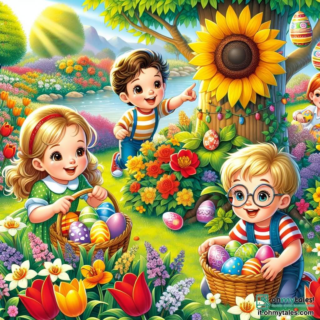 In un giardino soleggiato, quattro bambini sono riuniti per una caccia alle uova di Pasqua. Marco, un ragazzo di quattro anni con capelli castani e occhi scintillanti, tiene un grande cesto pieno di uova colorate. Accanto a lui, Giulia, una bambina con capelli biondi e due trecce, sorride indicando un grande girasole. Luca, un ragazzo con capelli castani e occhiali rotondi, è accucciato mentre cerca sotto un fiore. Infine, Sara, una bambina con capelli rossi e trecce, danza allegramente intorno a loro, tenendo un uovo di cioccolato. Il giardino è pieno di fiori vivaci: tulipani rossi, narcisi gialli e violette. Un grande albero con foglie verdi si erge al centro, mentre un piccolo stagno scintilla sullo sfondo, dove le rane saltano allegramente. I bambini sono in azione, cercando uova nascoste tra i fiori, ridendo e incoraggiandosi a vicenda in questa magica avventura pasquale.