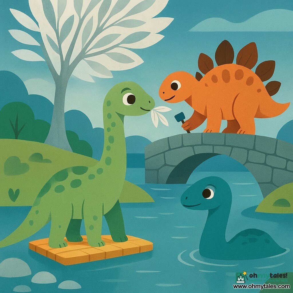 A young diplodocus named Dapple, with a long sinuous neck and pale moss-speckled green skin, looks wide-eyed and gentle as he reaches to taste a silvery moon-moss leaf; he stands on a tiny raft of light with a woven leaf pouch hanging from a low branch and his long tail curving behind him. A stocky stegosaurus named Bristle, with pink-and-brown plates, smiles and encourages him from a recently built stone bridge while holding a small builder’s tool. A plesiosaur named Willow rises quietly from the calm lake, smooth blue-green body and polished wooden eyes, making small luminous ripples around Dapple’s raft, appearing wise and kind. The scene is a small island in the mirror-blue lake Murmurmere, with silver-reflecting water, ribboned mist, shiny round pebbles, and a large glittering silver tree with pale lantern-like leaves; the mood is soft, warm, suffused with silvery light and pastel colors (calm blues, tender greens, touches of silver).