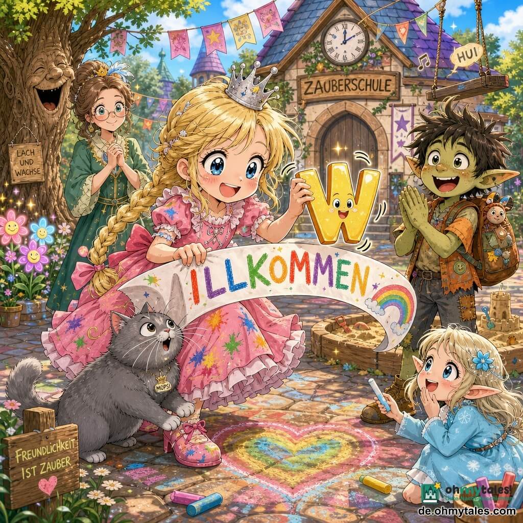Prinzessin Lilli, lächelnd und entschlossen, mit blonden Zöpfen und leicht schief sitzender silberner Krone, in einem rosa Rüschenkleid mit Farbflecken, hält ein großes weißes Band mit der Aufschrift WILLKOMMEN und hebt vorsichtig den noch zappelnden, glänzenden Buchstaben W; der königliche Kater Mopsi, ein kompakter grauer Samtpelz, sitzt auf ihrem Schuh und blickt mit neugierigen runden Augen und zusammengezogenen Schnurrhaaren auf das W; Lehrerin Frau Funkelfeder (ca. 40), mit funkelnder Brille und grünem Kleid, steht links im Hintergrund, lächelt sanft und beobachtet; rechts applaudierender Trolljunge (ca. 7) mit zerzaustem Haar, hellgrüner Haut und lustigem Rucksack nahe einem Sandkasten; ein Elfmädchen (ca. 6) mit spitzen Ohren und himmelblauem Kleid hält Kreide und hat ein großes Herz auf den Boden gemalt, auf dem das W ruht; Schauplatz: ein verzauberter, farbenfroher Schulhof mit gepflastertem Boden und Regenbogenkreidezeichnungen, einer singenden Holzschaukel, einem lachenden Baumstamm links, leuchtenden Blumen, Papiergirlanden und einem Mini-Regenbogen auf dem Banner; fröhlicher, leichter Moment, in dem die Prinzessin den lebendigen Buchstaben W zurückholt, um das Willkommensband anzubringen, alle Figuren strahlen Verbundenheit, helle Stimmung, weiche Texturen, satte Farben und ausdrucksstarke, mangaartige, übertriebene Gesten und Mimik.