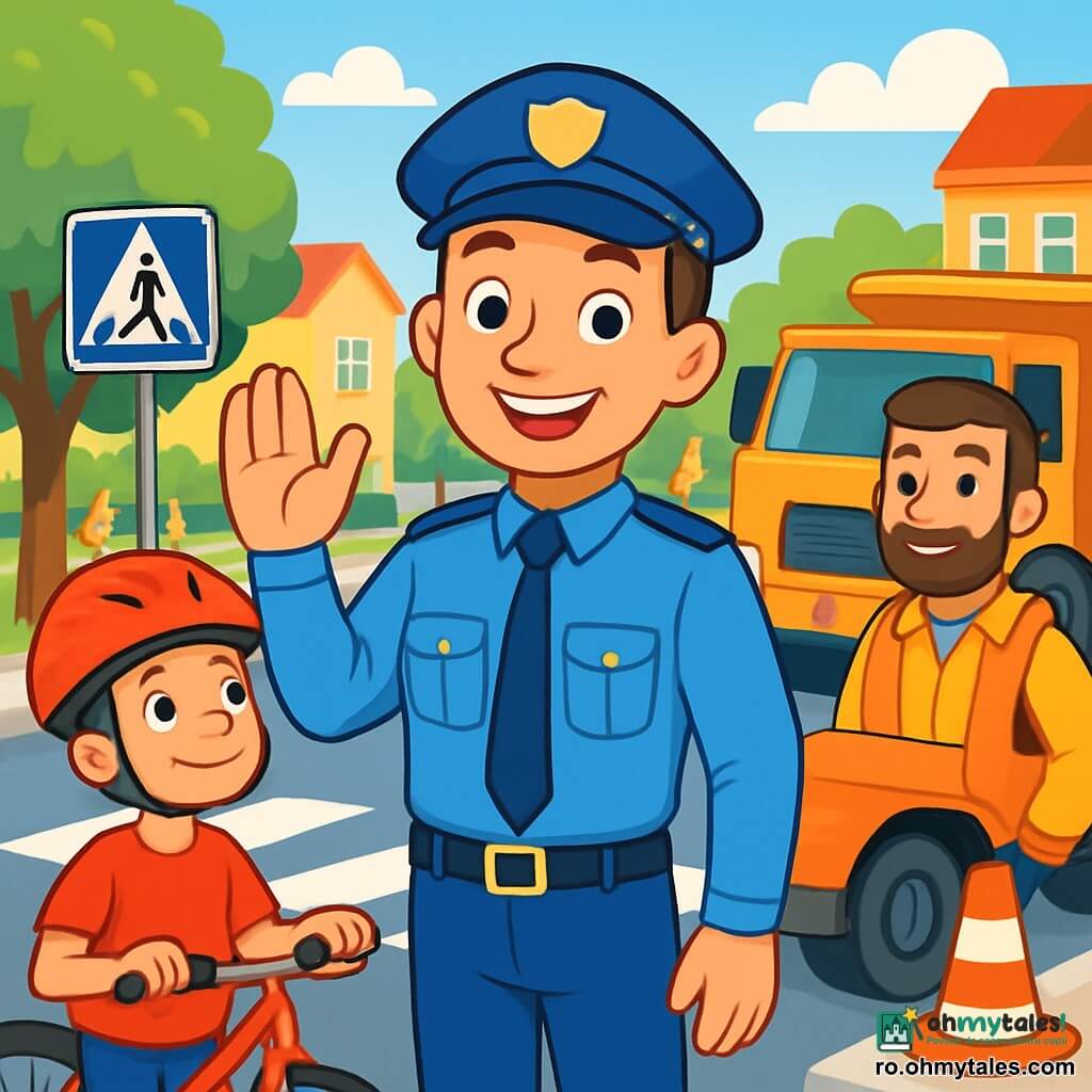 Un polițist zâmbitor, un bărbat de aproximativ 30 de ani cu o șapcă albastră și un uniform bine călcat, se află în centrul imaginii, ridicând o mână prietenoasă pentru a dirija circulația. Fața lui radiază încredere și bunătate, cu ochi strălucitori de bucurie. La dreapta lui, un băiat de 8 ani, purtând un tricou roșu și o cască de bicicletă, îl privește pe polițist cu admirație, pregătit să traverseze strada în siguranță. La stânga lui, un bărbat de vârstă mijlocie, cu barbă brună și o vestă de lucru, așteaptă răbdător lângă un camion de construcție, zâmbind și recunoscător față de polițist. Locul este o stradă aglomerată, mărginită de copaci verzi și clădiri colorate, cu un parc în fundal unde copiii se joacă. Situația principală arată polițistul ghidând copiii și adulții printr-o intersecție aglomerată, creând un moment de siguranță și camaraderie într-o zi însorită.