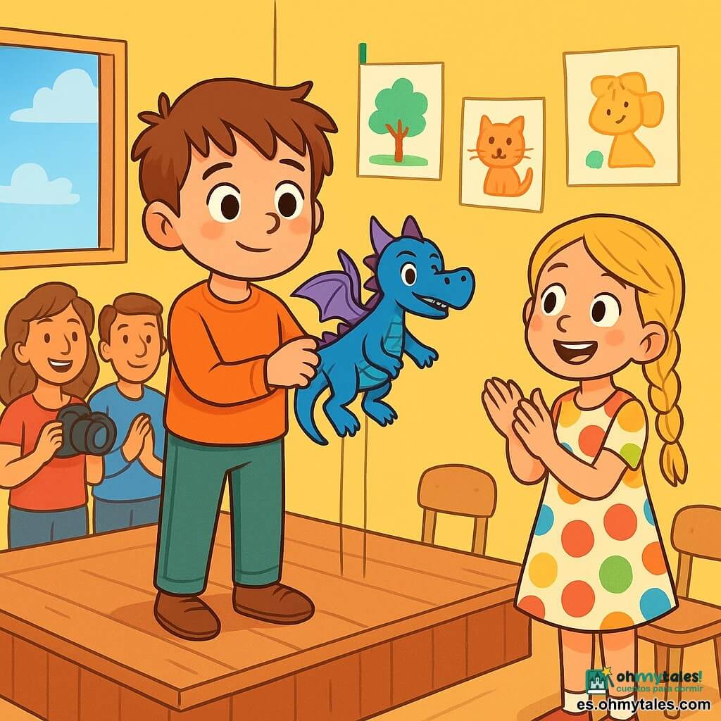 Un niño de 8 años, con el cabello castaño desordenado y ojos llenos de curiosidad, está en un pequeño escenario de madera, sosteniendo una marioneta de dragón azul en sus manos. Su rostro expresa una melancolía alegre, con una sonrisa tímida y mejillas ligeramente sonrojadas, mientras mira al público con determinación. A su lado, una niña de 7 años, con trenzas rubias, aplaude con entusiasmo, sus ojos brillando de apoyo y ánimo. Ella lleva un vestido colorido con lunares y se posiciona ligeramente adelante, como para alentar a su amigo. El decorado es un aula luminosa, con paredes pintadas de amarillo y carteles coloridos de dibujos infantiles. Las sillas de madera están dispuestas en semicírculo frente al escenario, y algunos padres sonrientes están al fondo, sosteniendo cámaras. La situación principal muestra al niño, un poco nervioso pero decidido, contando una historia con su marioneta, mientras el público lo escucha atentamente, creando una atmósfera cálida y alentadora.