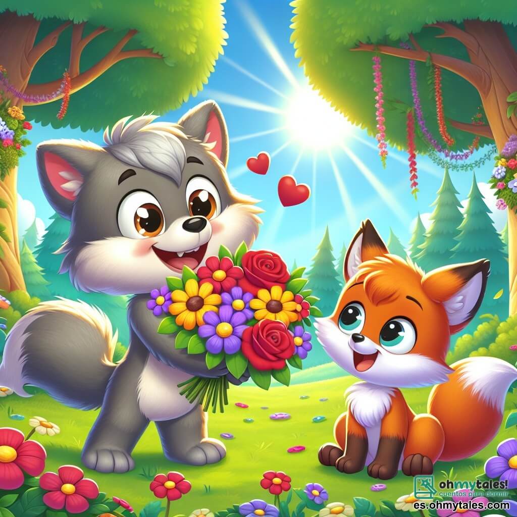 Ilustración que representa a un pequeño lobo con un pelaje suave y gris, ojos chispeantes de alegría y una gran sonrisa. Sostiene un bonito ramo de flores coloridas con pétalos rojos, amarillos y violetas, mientras mira emocionado a un amigo. Junto a él, un pequeño zorro de pelaje naranja brillante y ojos traviesos, que sonríe ampliamente, está listo para recibir el regalo. Se sienta en la hierba, rodeado de hojas verdes y flores, mostrando una expresión de sorpresa y felicidad. El lugar principal es un claro soleado en el Bosque de los Sueños, con majestuosos árboles de troncos gruesos, rayos de sol filtrándose a través de las hojas y flores multicolores que bailan al viento. La situación principal de la historia muestra al pequeño lobo ofreciendo su regalo de San Valentín a su amigo, el pequeño zorro, en un ambiente alegre y festivo, lleno de amor y amistad. Otros elementos gráficos incluyen corazones flotantes alrededor de los personajes, guirnaldas de flores colgando de las ramas de los árboles y pájaros coloridos cantando en el cielo azul, creando una atmósfera mágica y cálida.